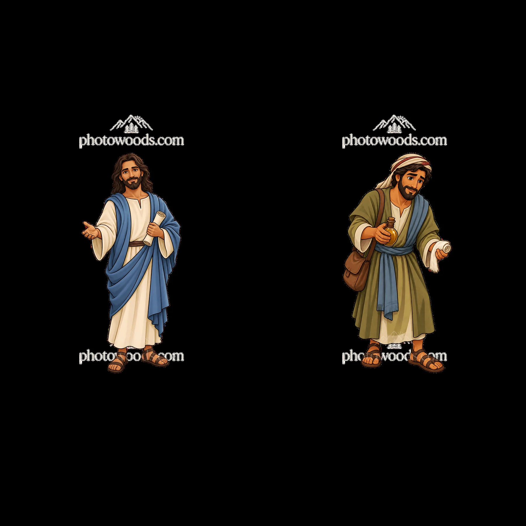 Jesus figures in cartoon style with distinct clothing and gestures - AI-generated stock image