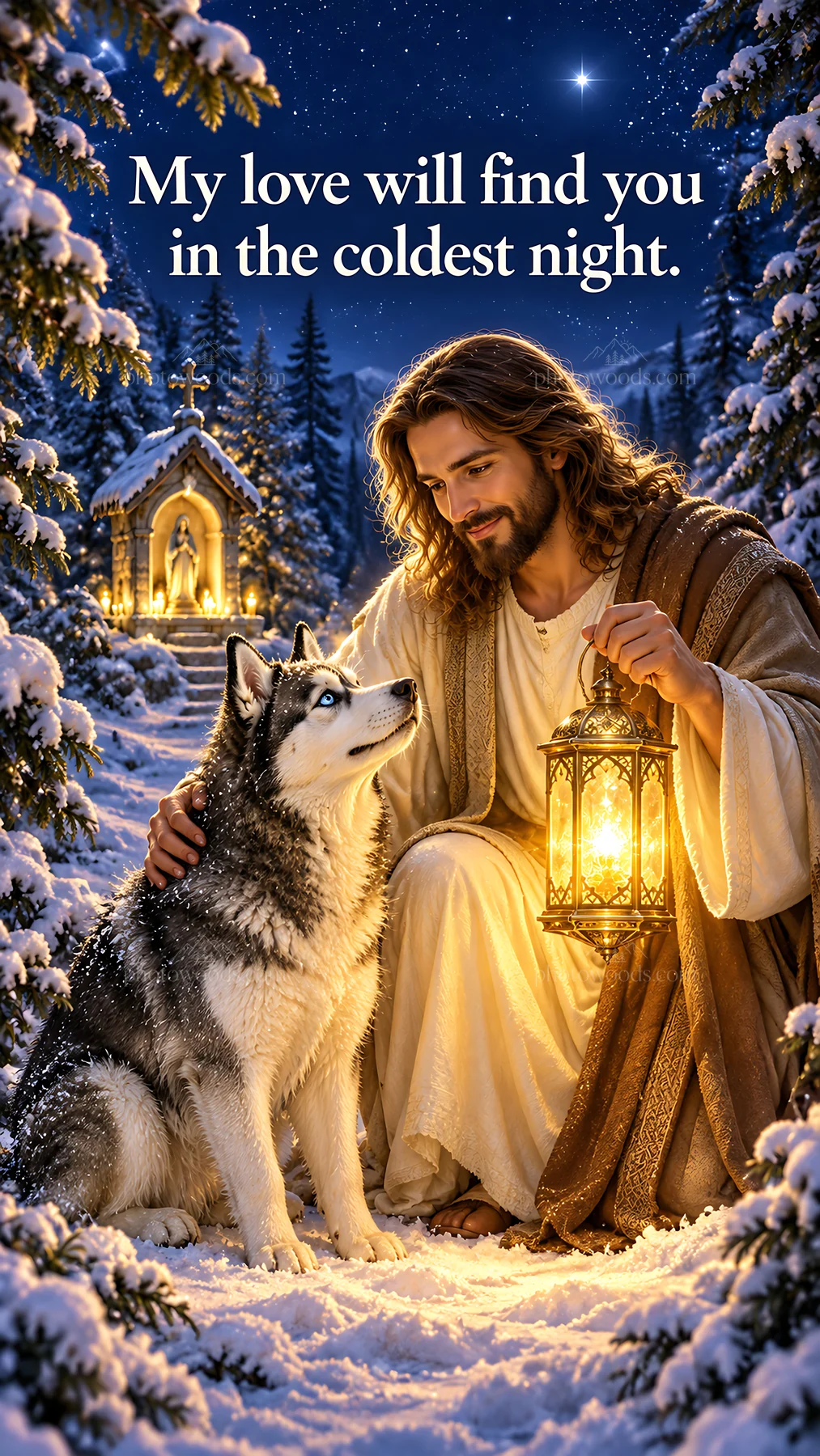 Jesus Christ comforting a dog in a snowy landscape - AI-generated stock image