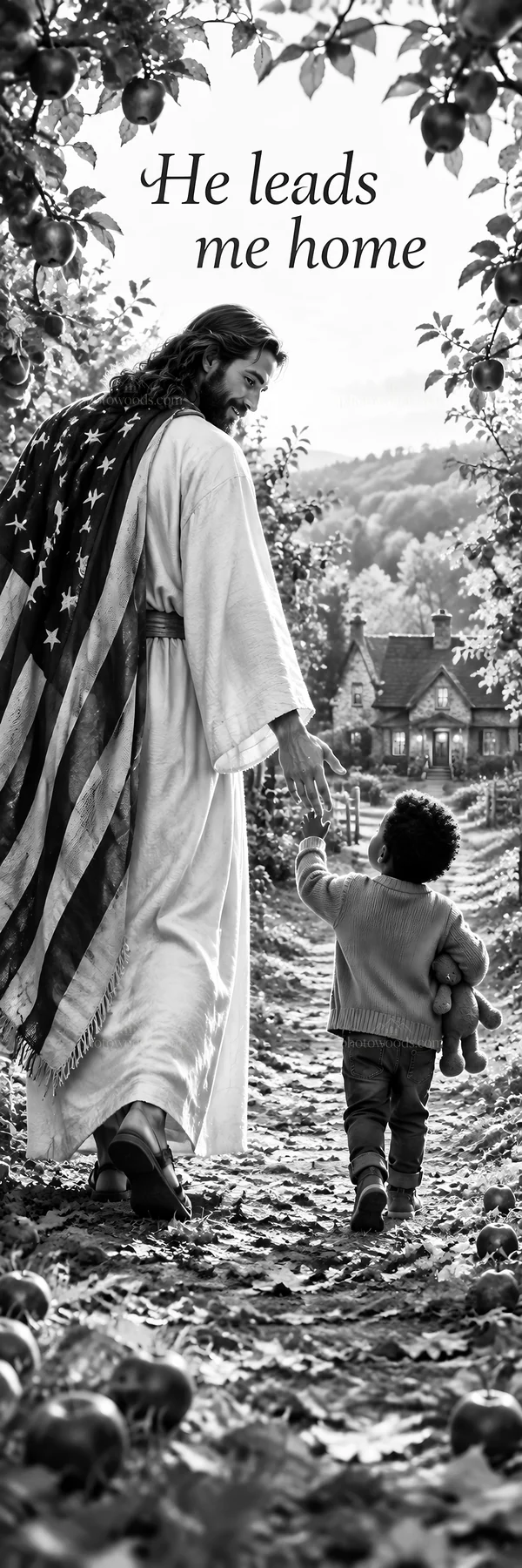 Jesus Christ walking with a child along a country path - AI-generated stock image