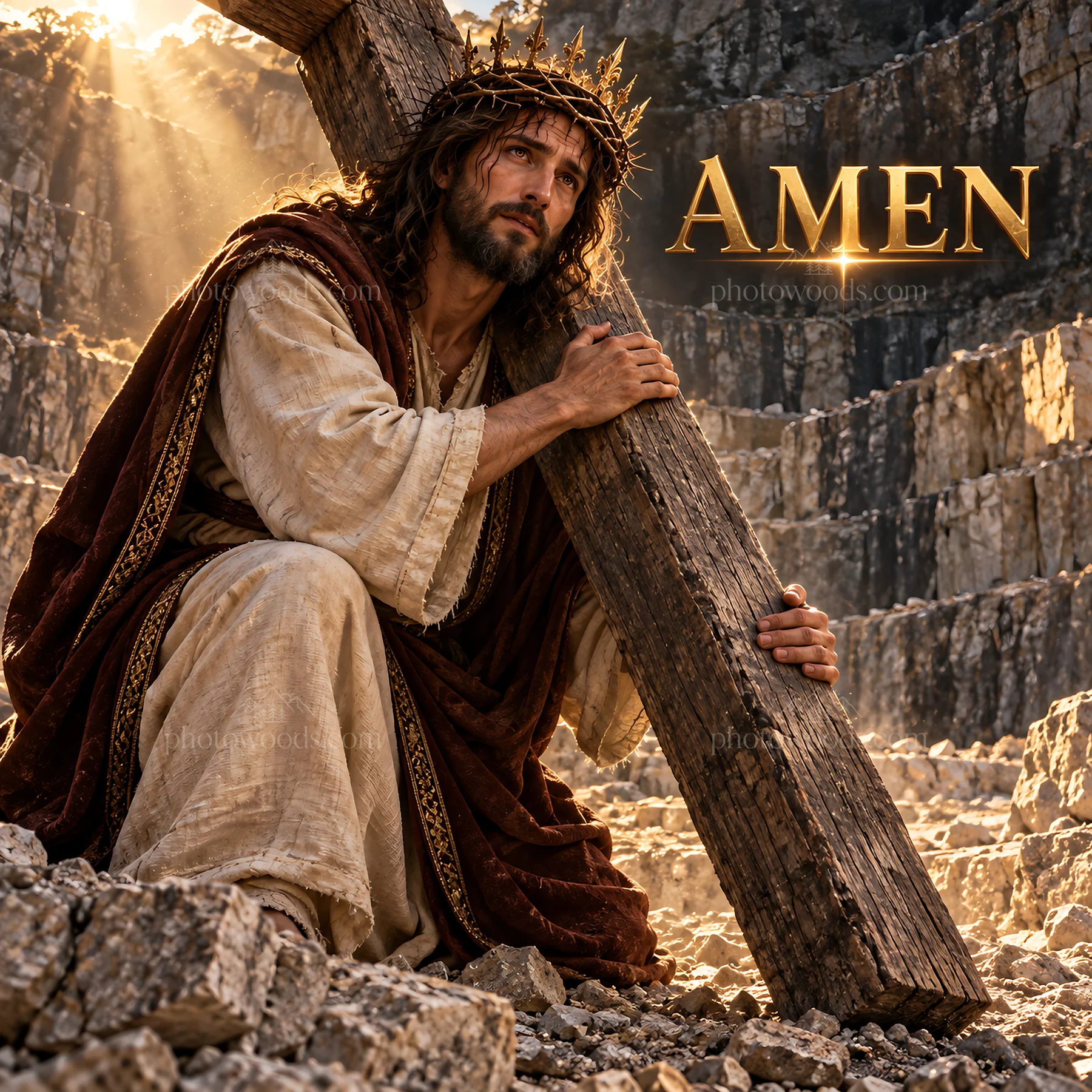 Jesus Christ carrying the cross in a rocky landscape - AI-generated stock image