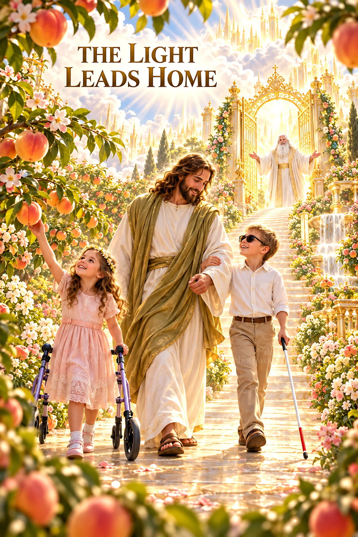 Jesus Christ walking with children in a vibrant garden setting - AI-generated stock image