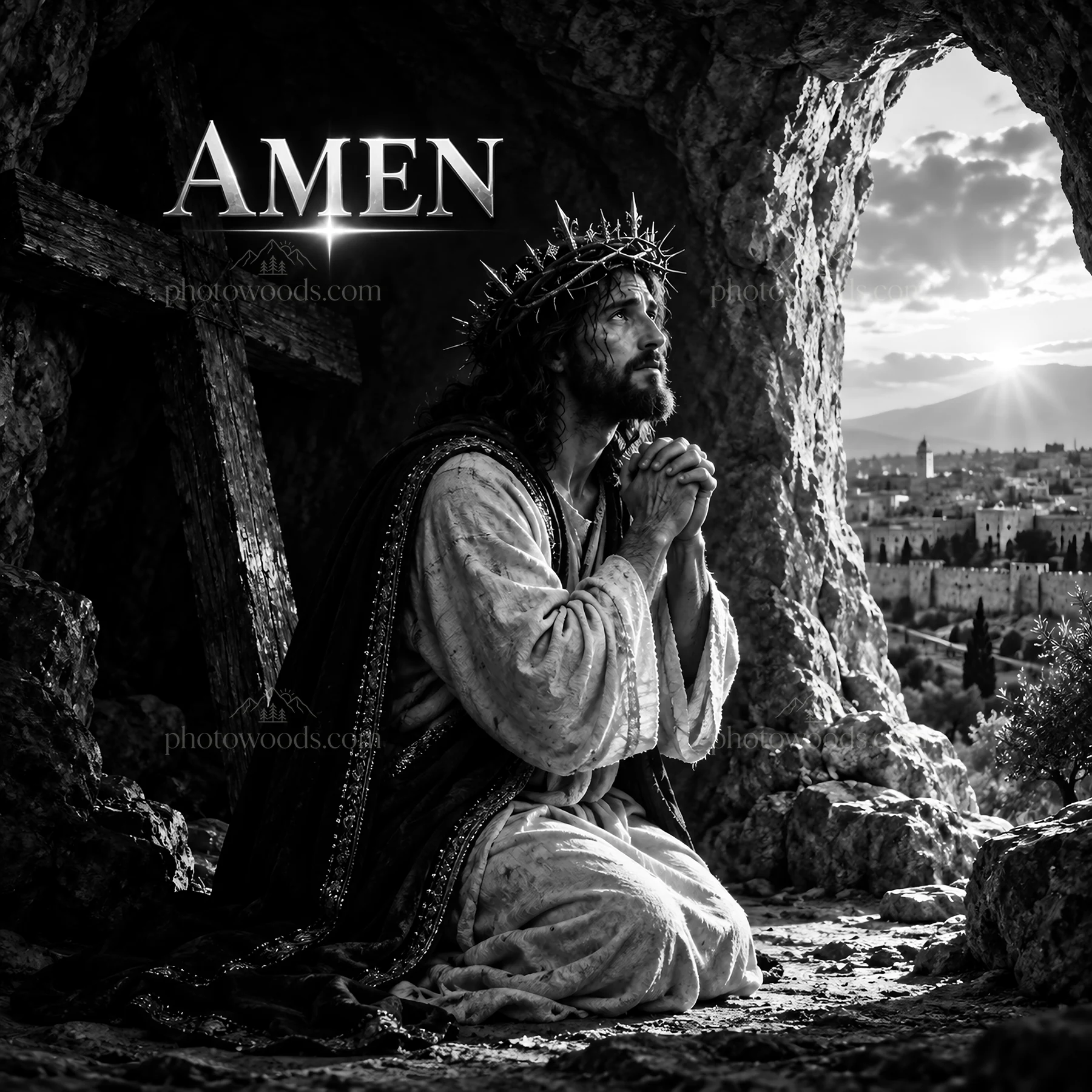 Jesus Christ praying in a garden with a cross nearby - AI-generated stock image