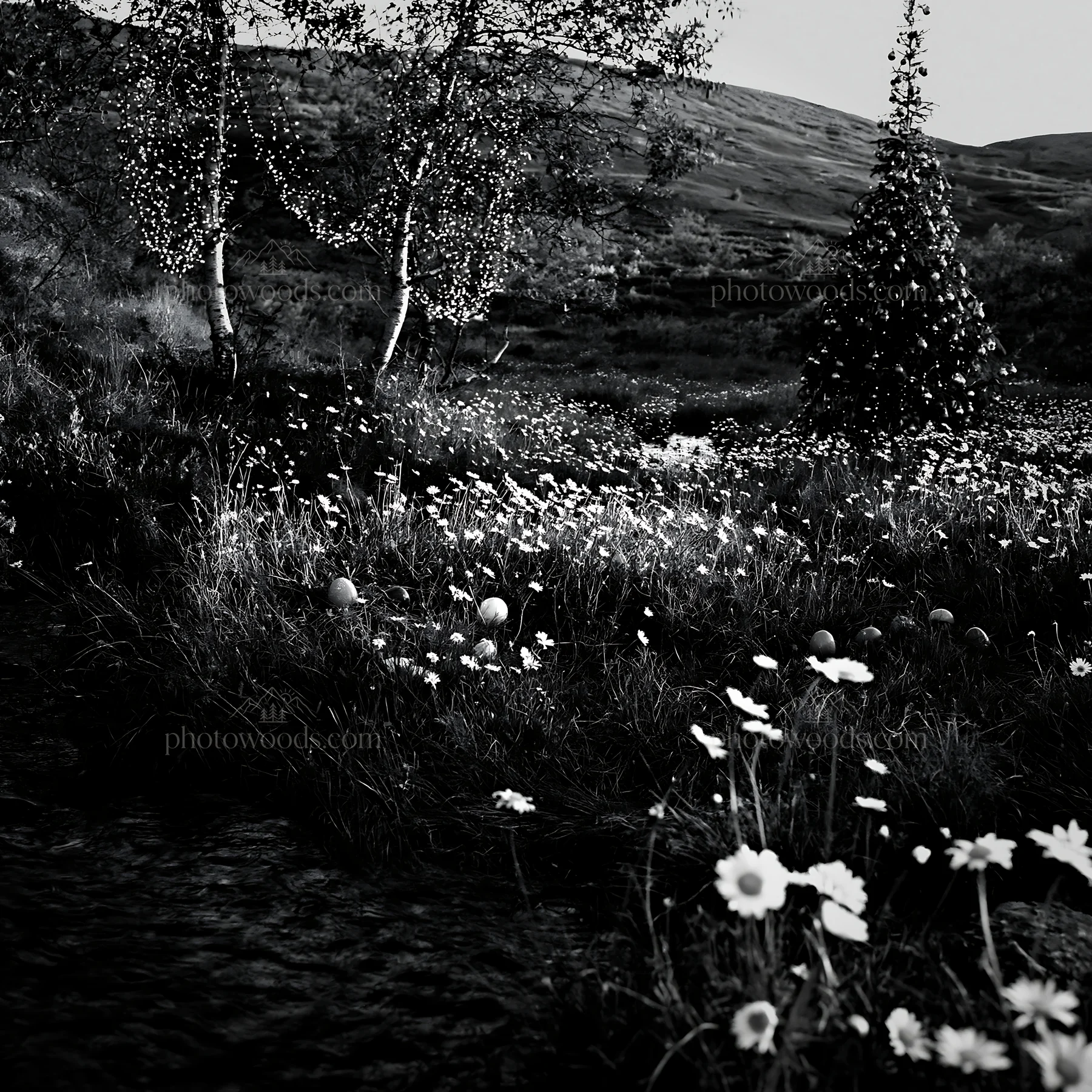 Christmas tree with ornaments beside stream in meadow - AI-generated stock image