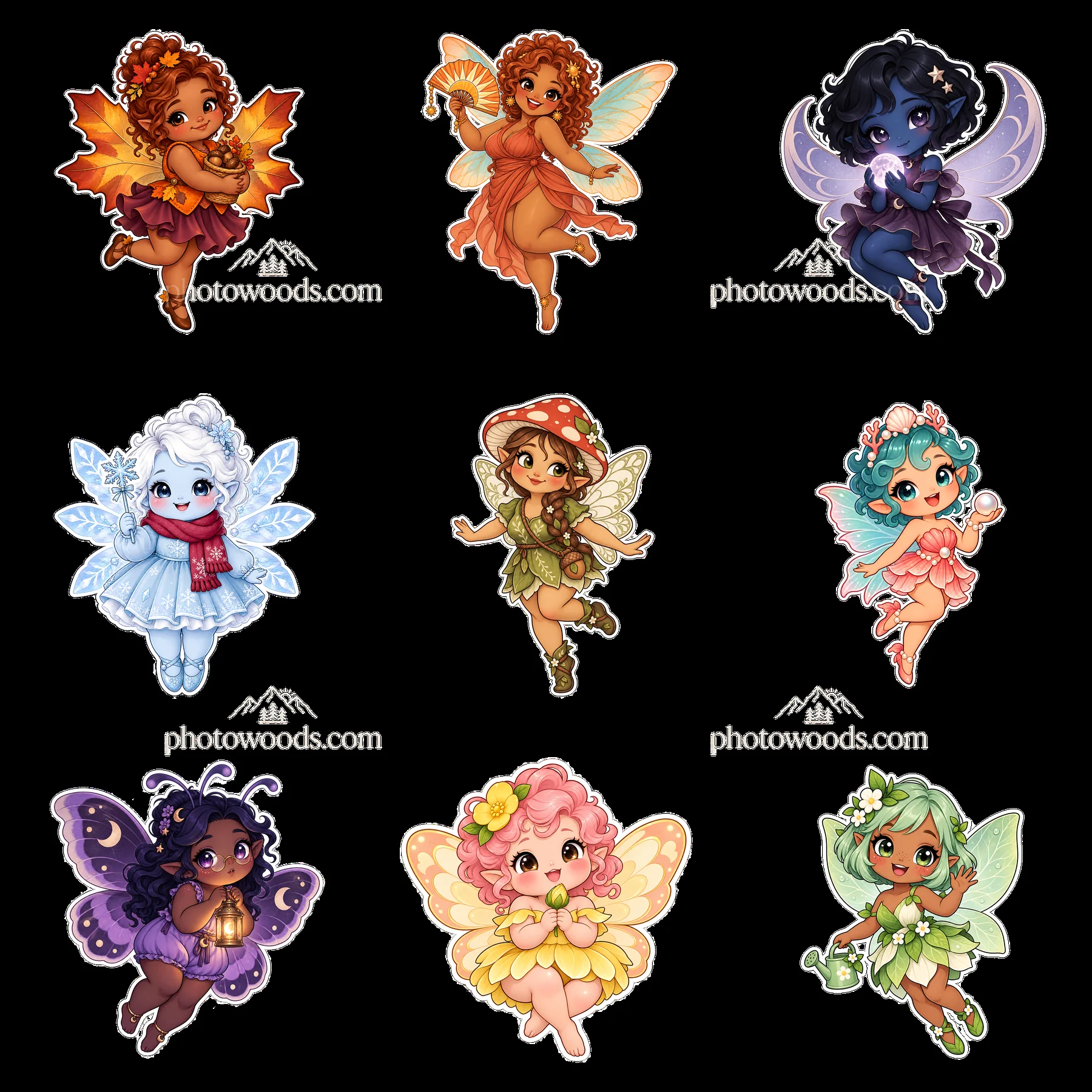 Colorful kawaii chubby fairies in a 3x3 grid layout - AI-generated stock image