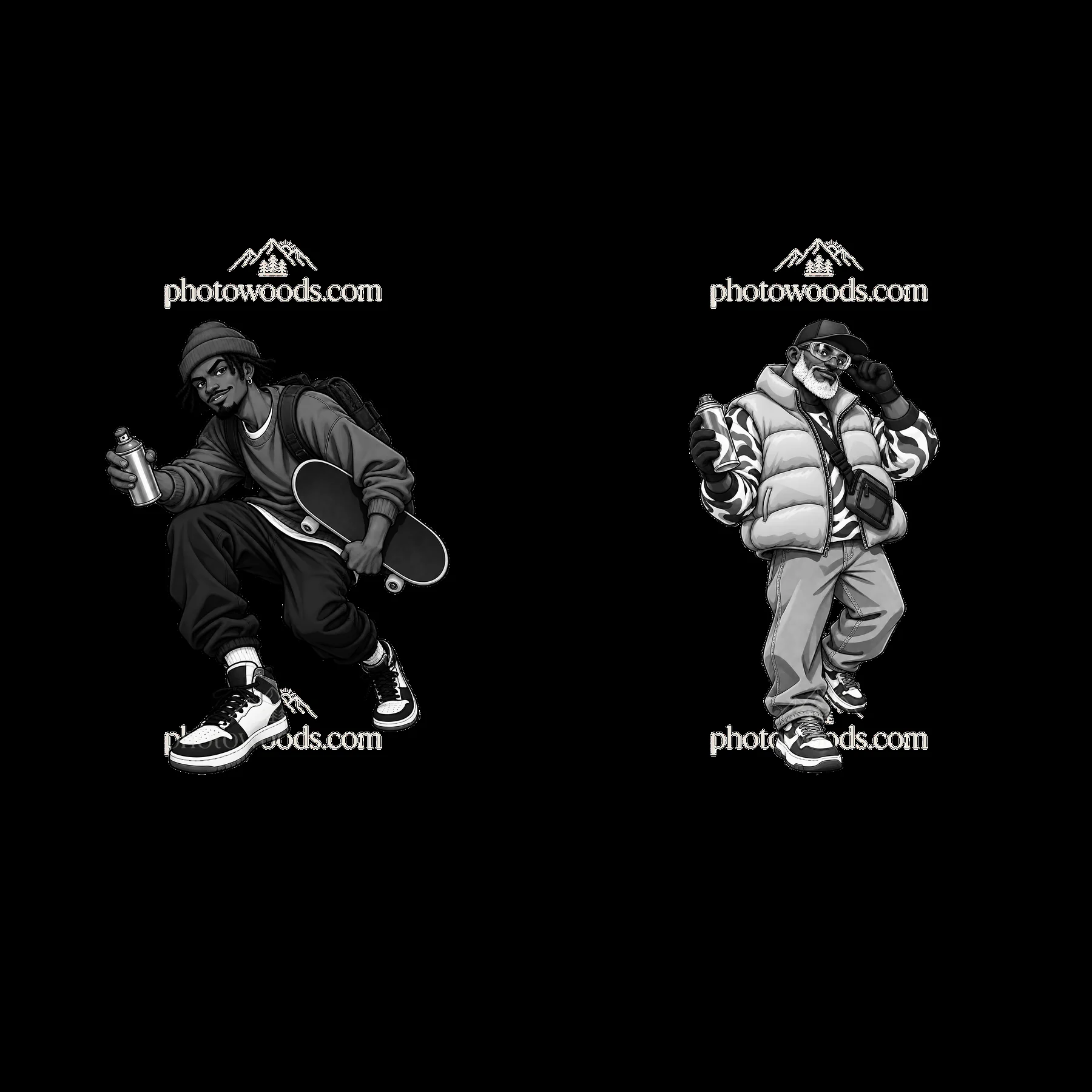 Graffiti sprayer and skateboarder in streetwear poses - AI-generated stock image