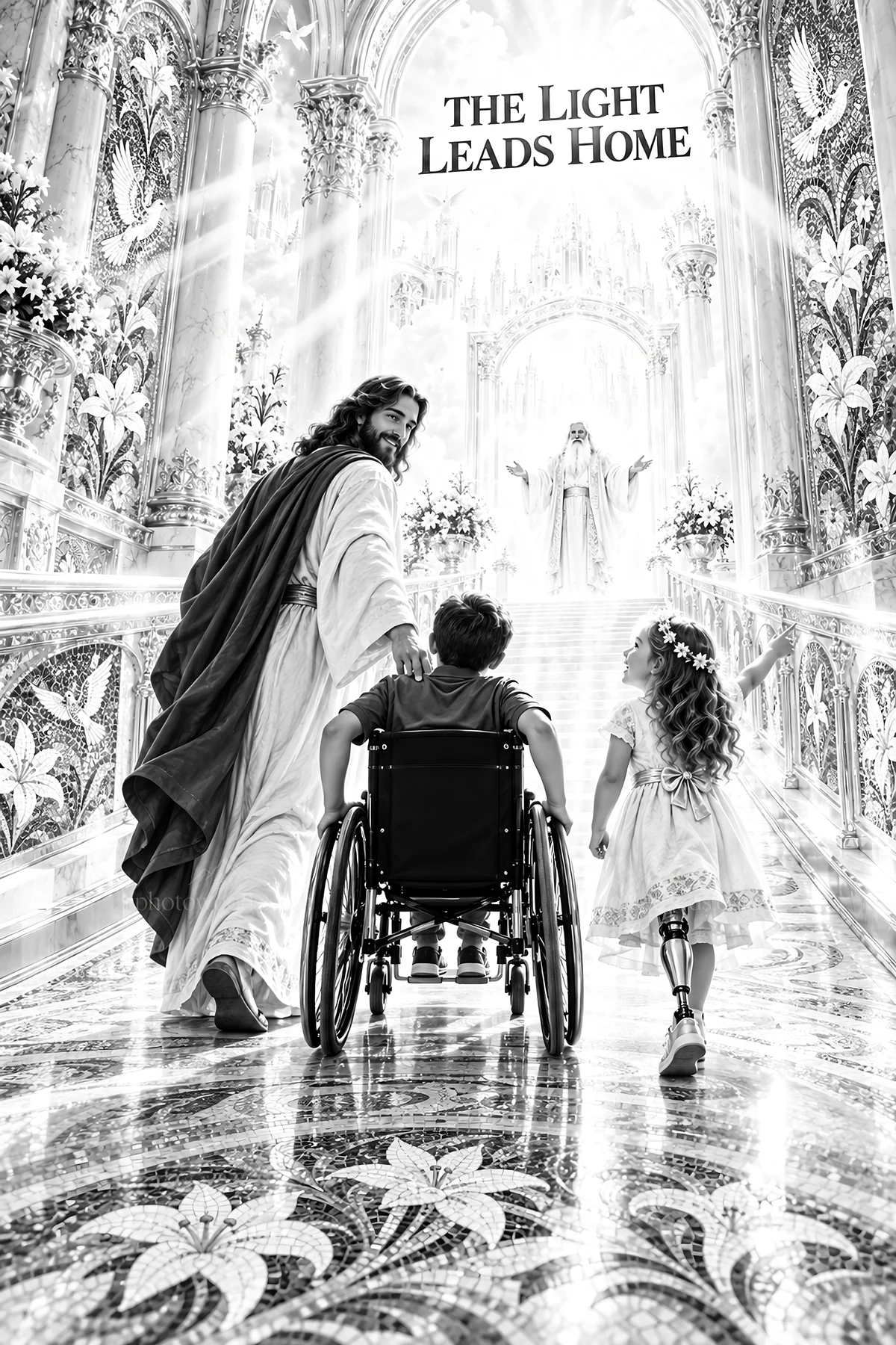 Jesus Christ guiding children toward the light - AI-generated stock image