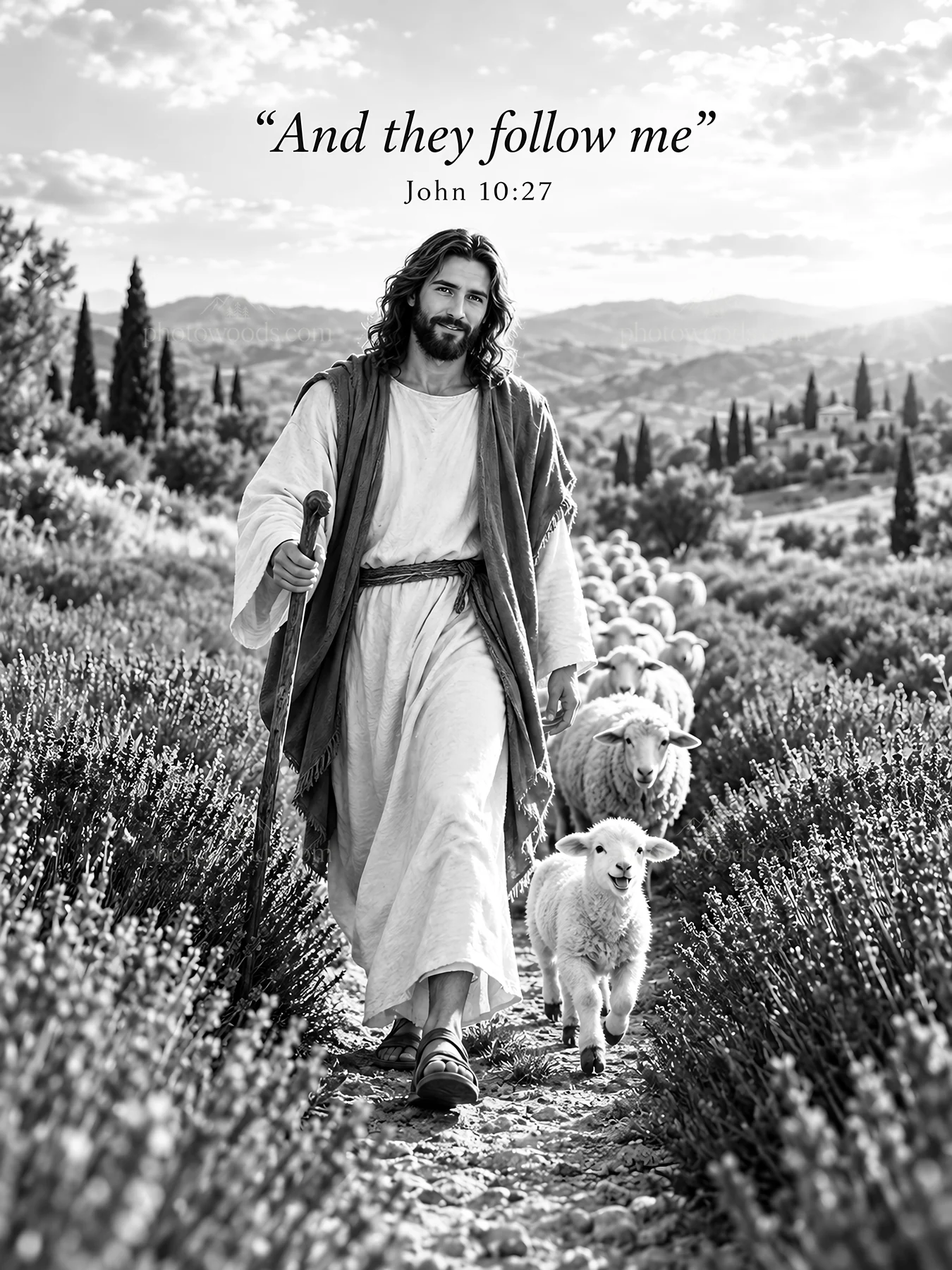 Jesus Christ walking with sheep along a path - AI-generated stock image