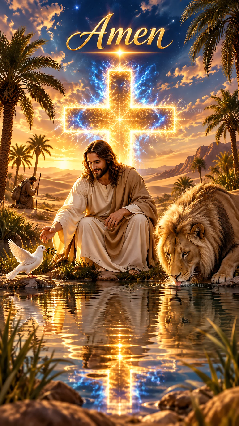 Jesus Christ sharing peace with a dove and lion by a river - AI-generated stock image