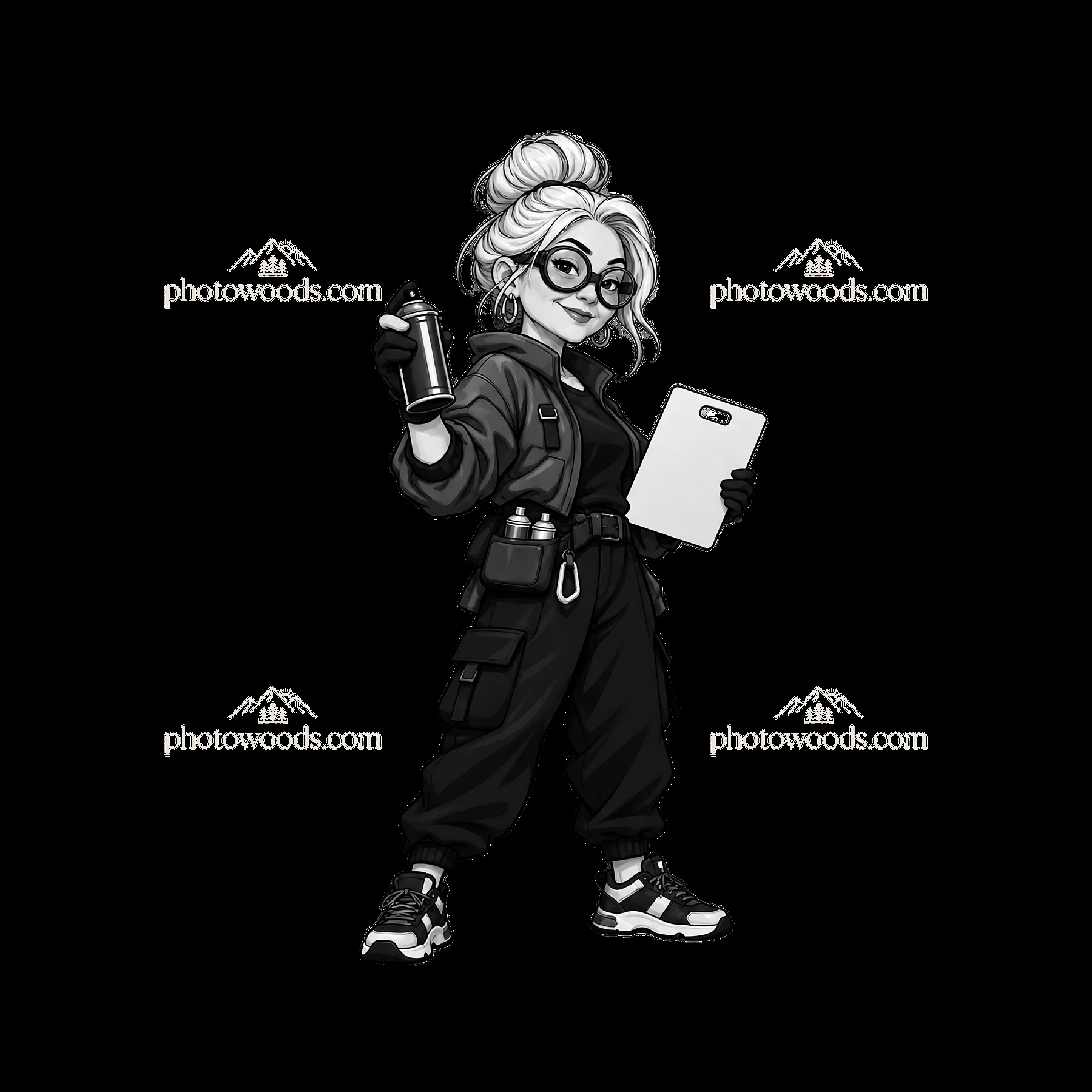 Cartoon graffiti sprayer with can and clipboard in streetwear - AI-generated stock image