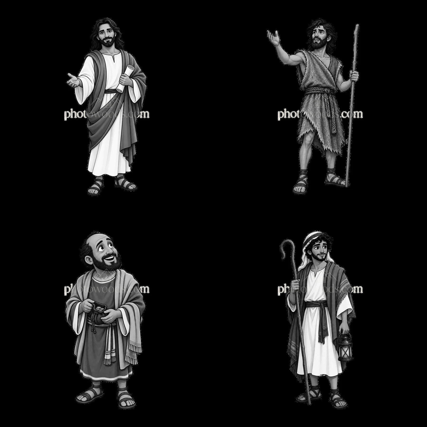 Four cartoon-style depictions of Jesus in different poses - AI-generated stock image