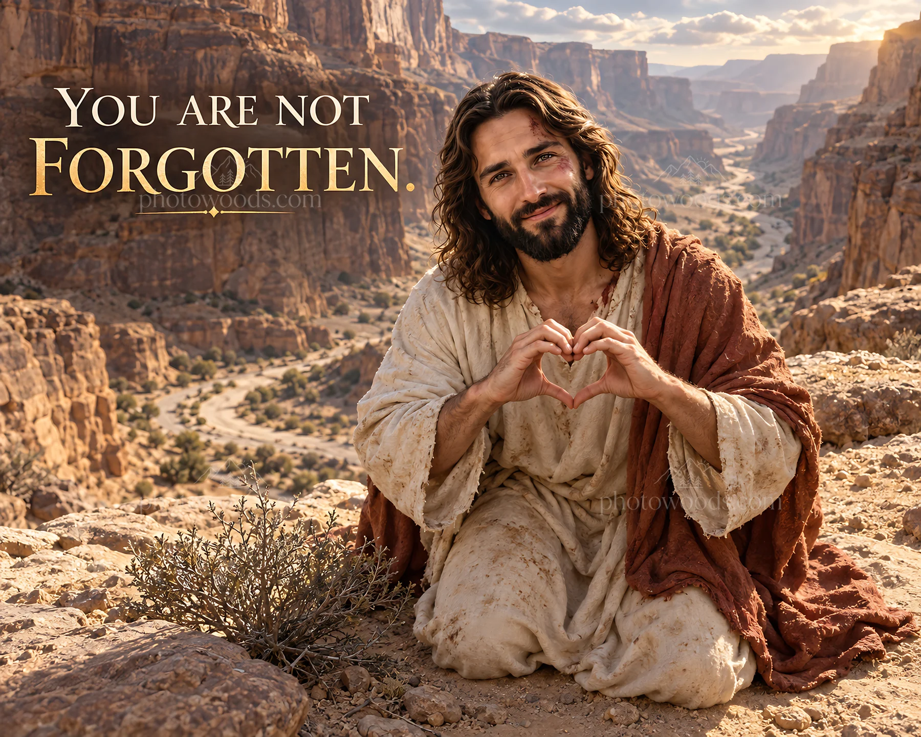 Jesus Christ showing love and compassion in a desert landscape - AI-generated stock image