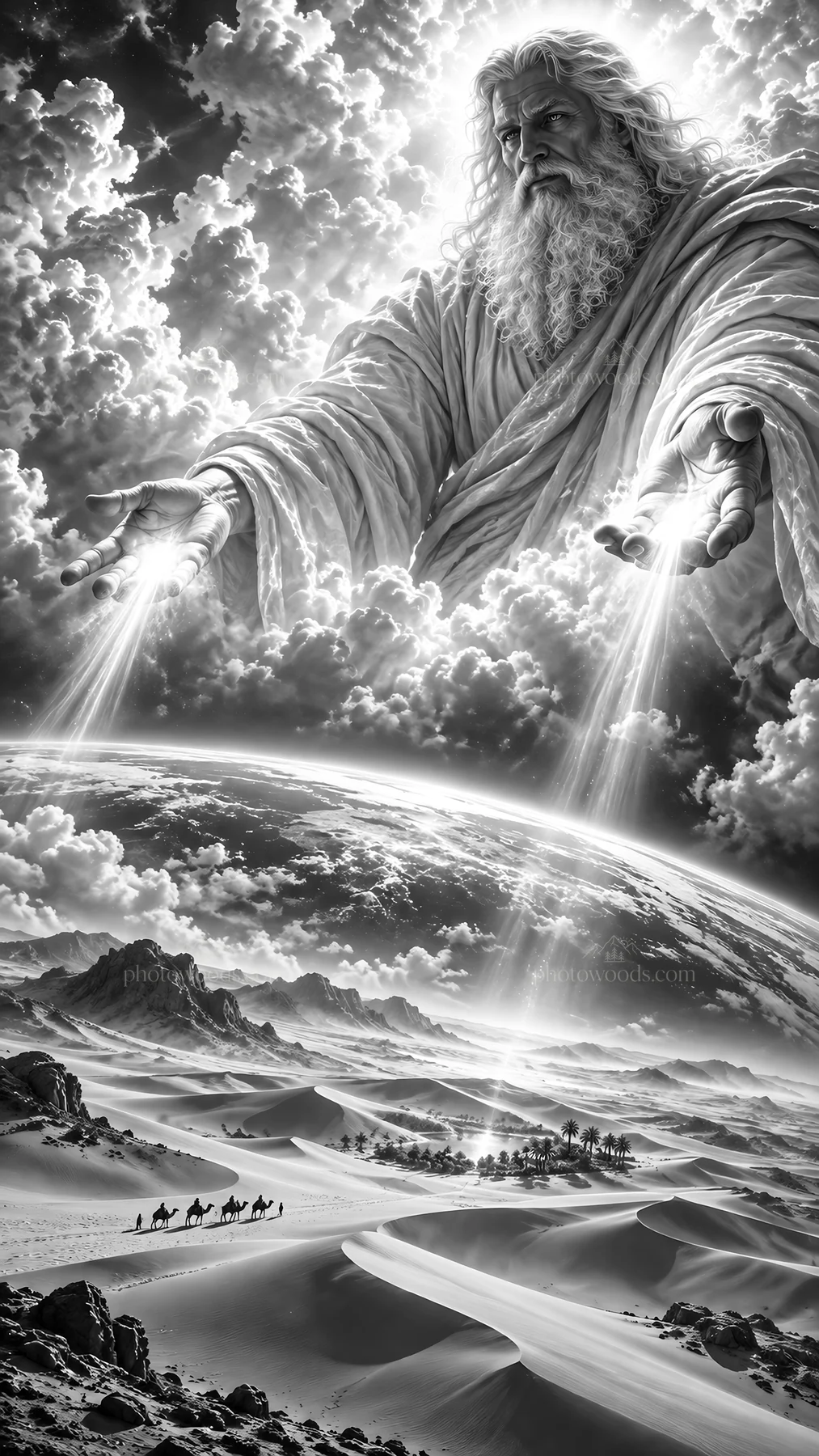 Jesus Christ reaching out from Heaven in a desert landscape - AI-generated stock image