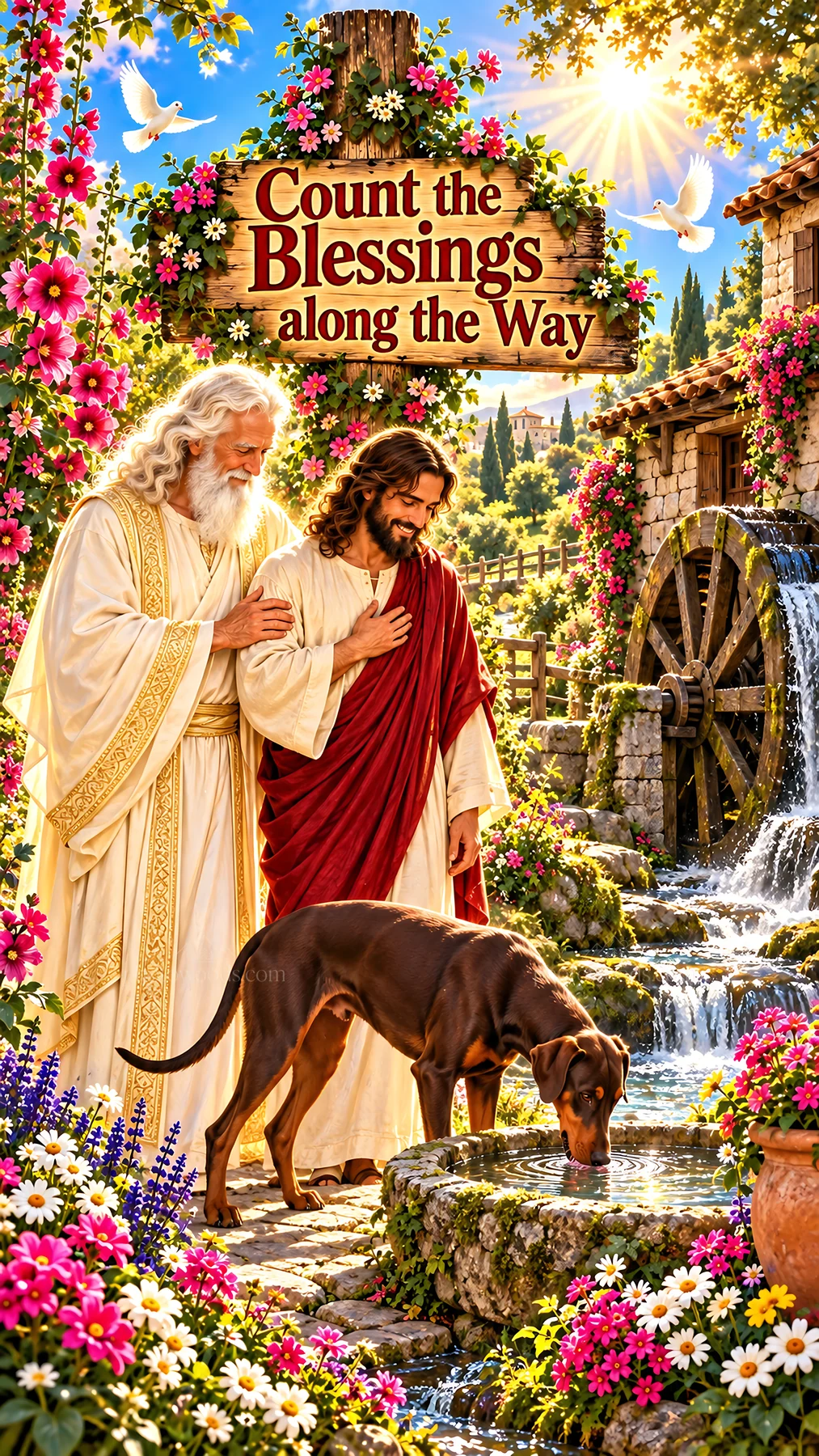 Jesus Christ sharing blessings in a garden with a dog - AI-generated stock image