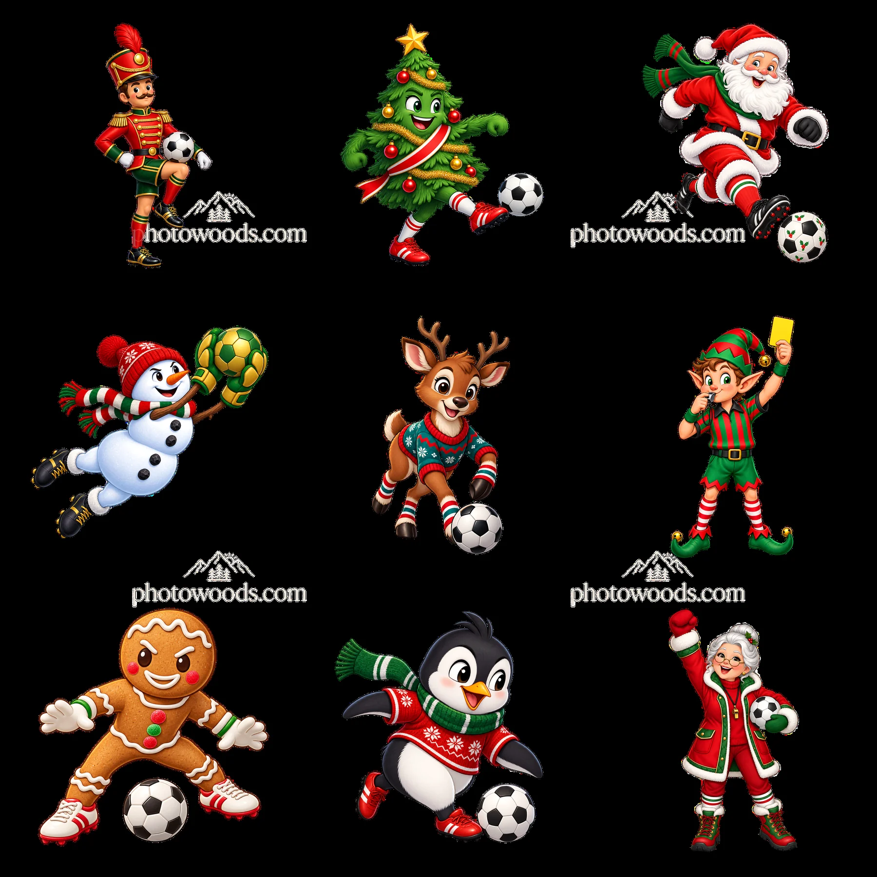 Christmas characters playing soccer in a 3x3 cartoon layout - AI-generated stock image