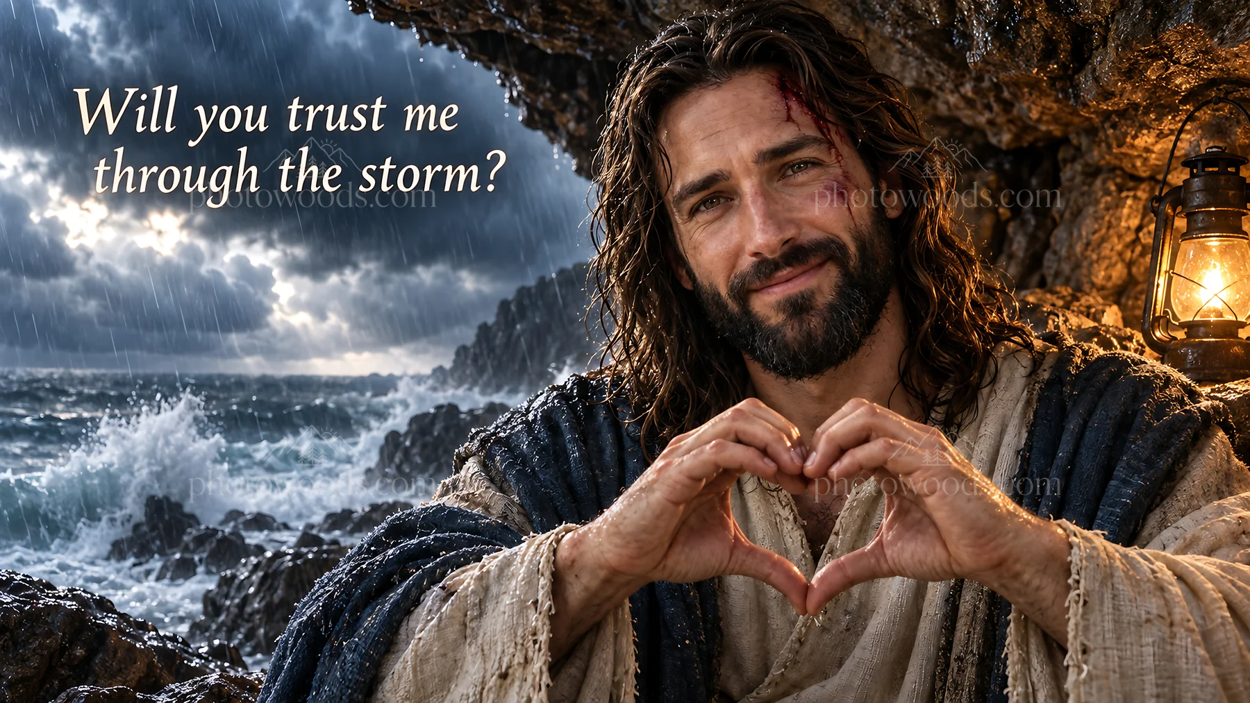 Jesus Christ inviting trust during the storm - AI-generated stock image