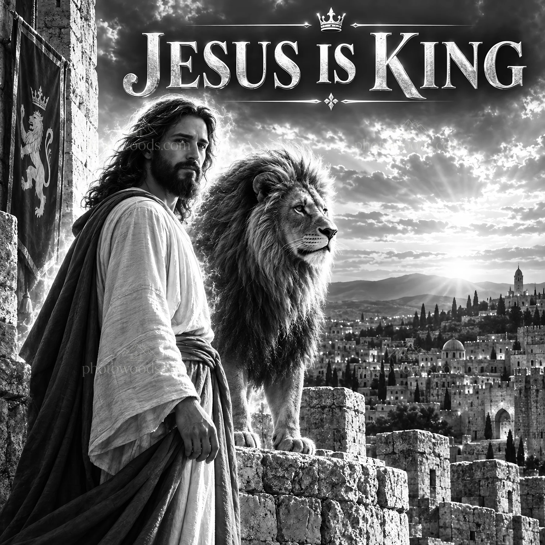Jesus Christ stands with a lion in a city setting - AI-generated stock image