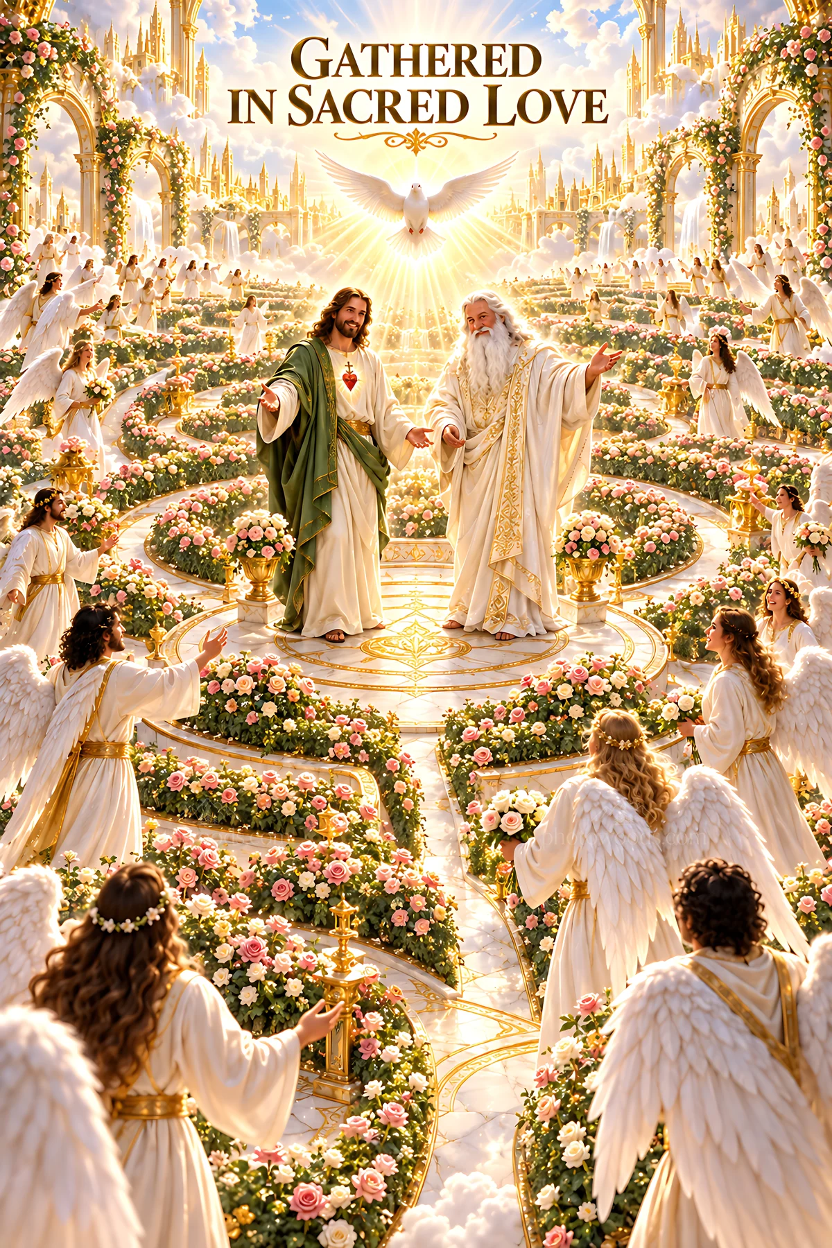 Gathered in Sacred Love with angelic figures in a celestial garden - AI-generated stock image