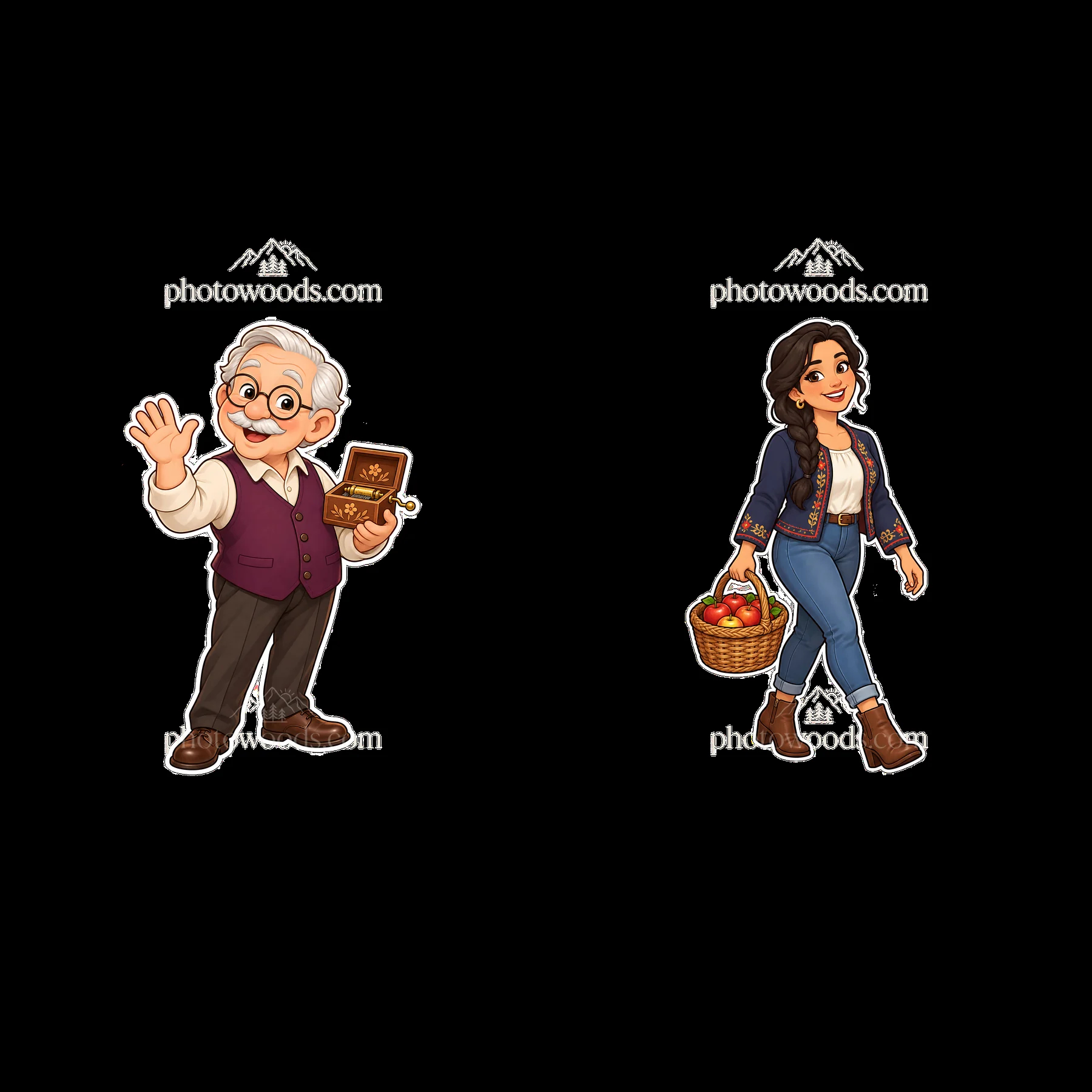Grandfather waving holding a book with granddaughter carrying basket - AI-generated stock image