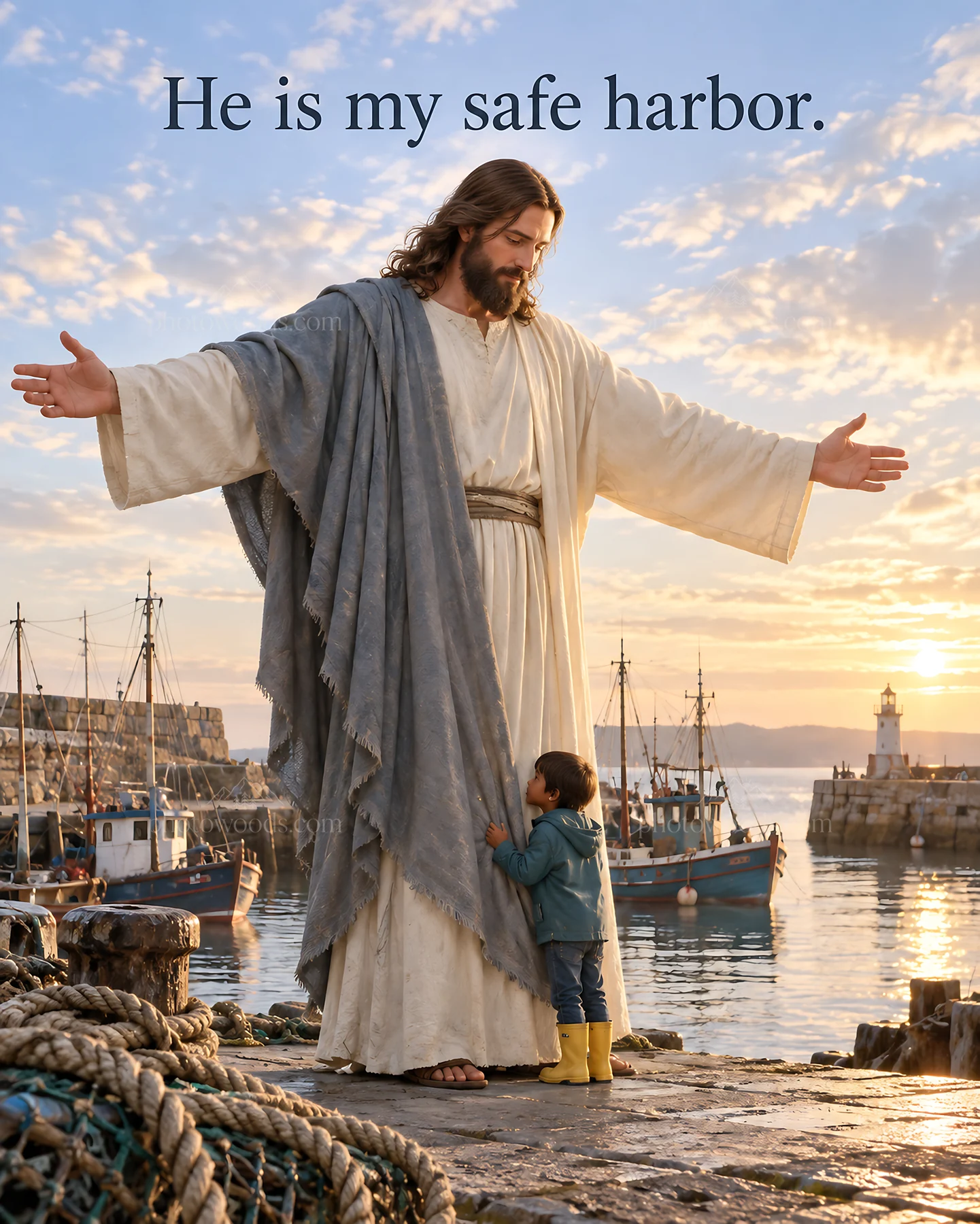 Jesus Christ embracing a child by the harbor - AI-generated stock image