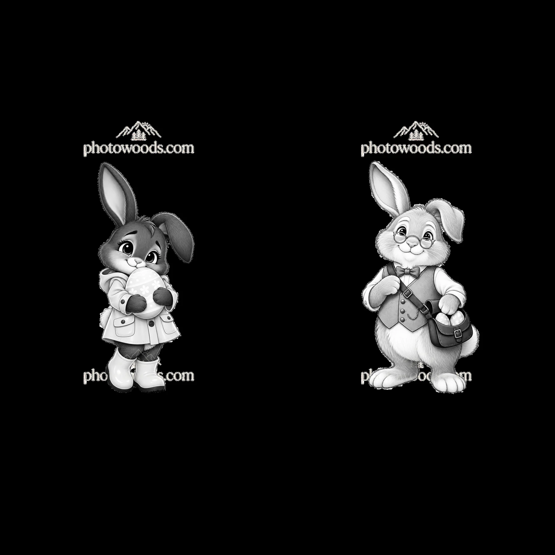 Two cartoon bunnies in black-and-white holding Easter eggs - AI-generated stock image