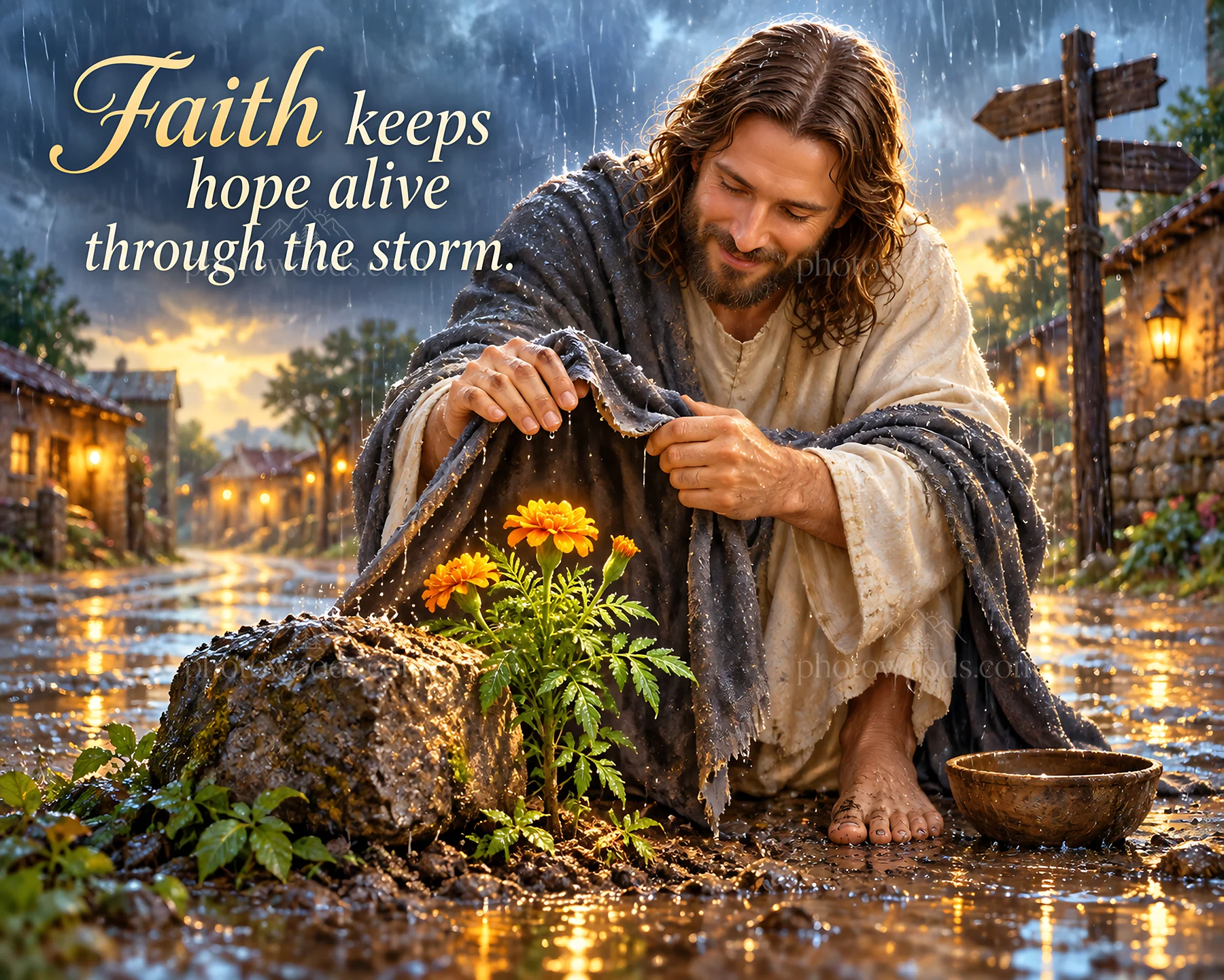 Jesus Christ comforting and nurturing in the rain - AI-generated stock image