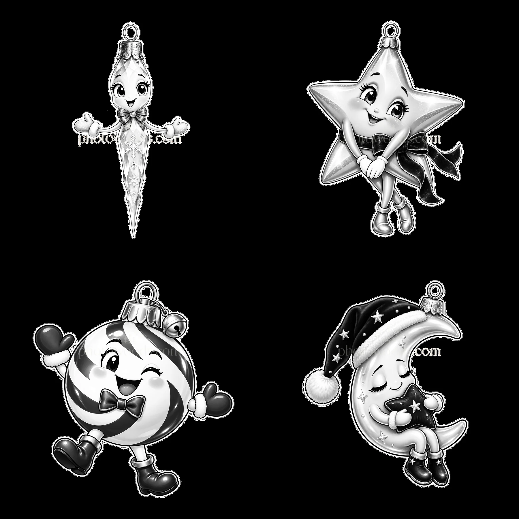 Four Christmas ornament stickers in a 2x2 layout - AI-generated stock image