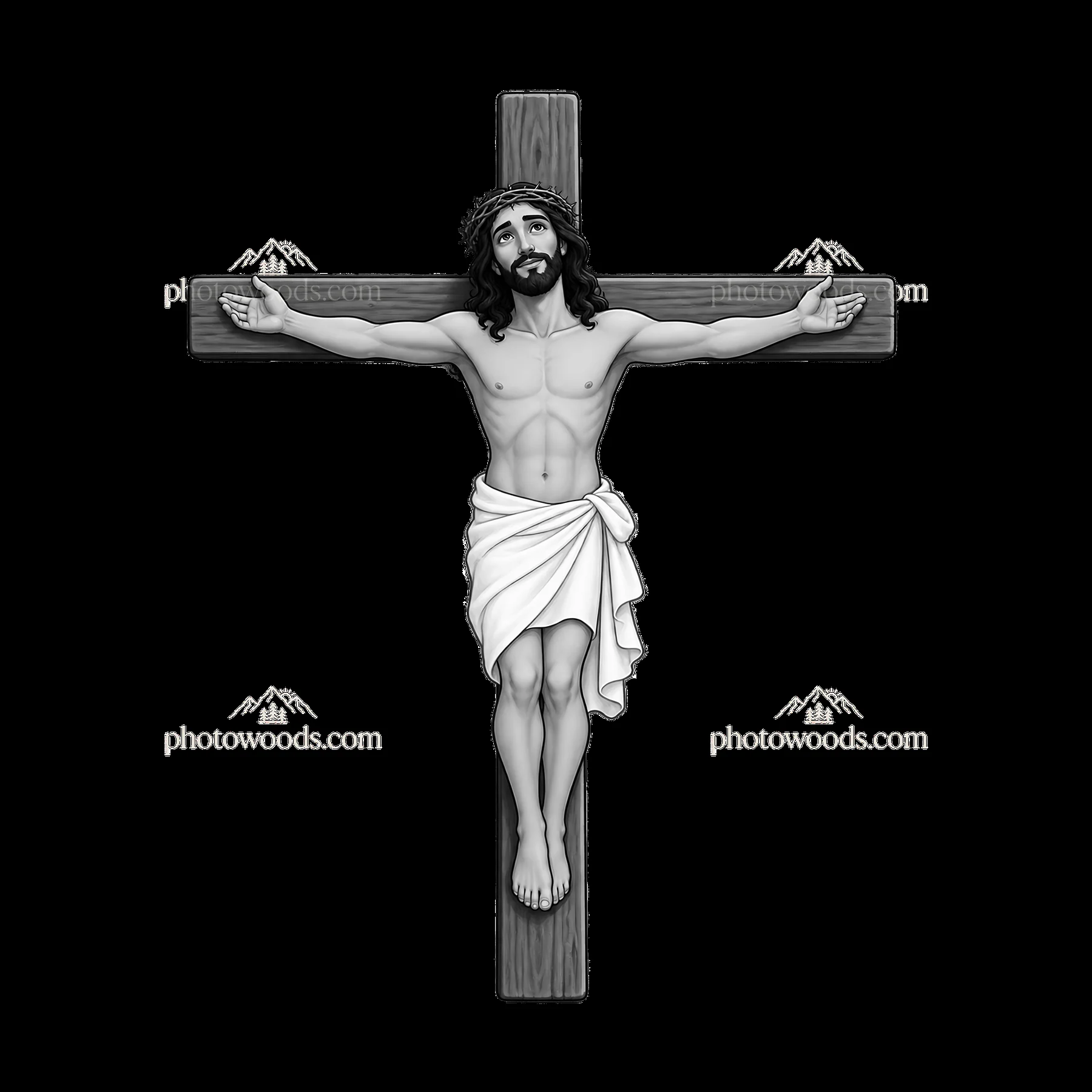 Jesus on the cross with wooden structure and crown of thorns - AI-generated stock image