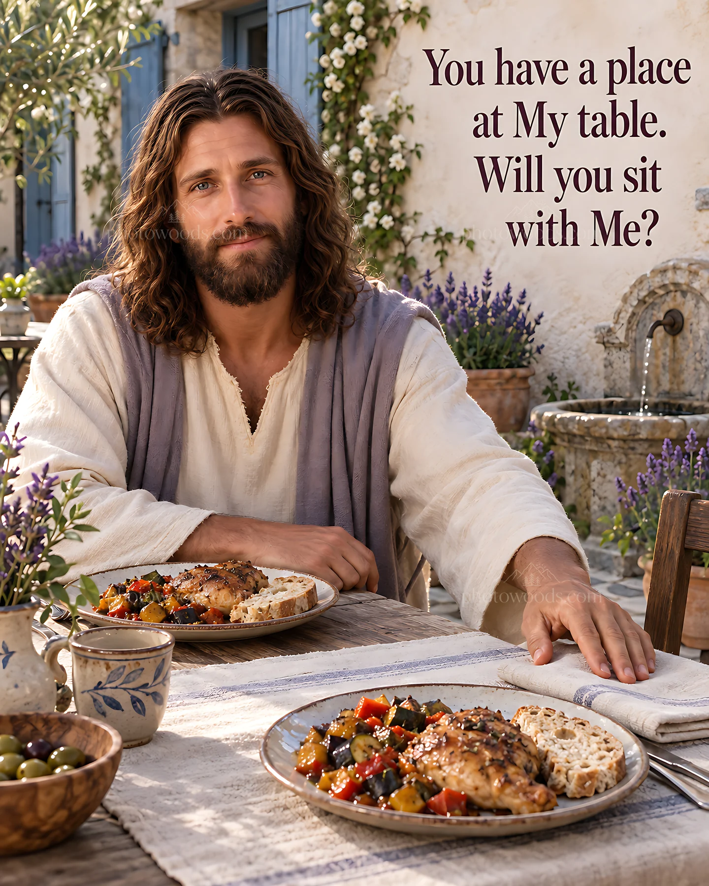 Gathering at a table with dishes in a courtyard - AI-generated stock image
