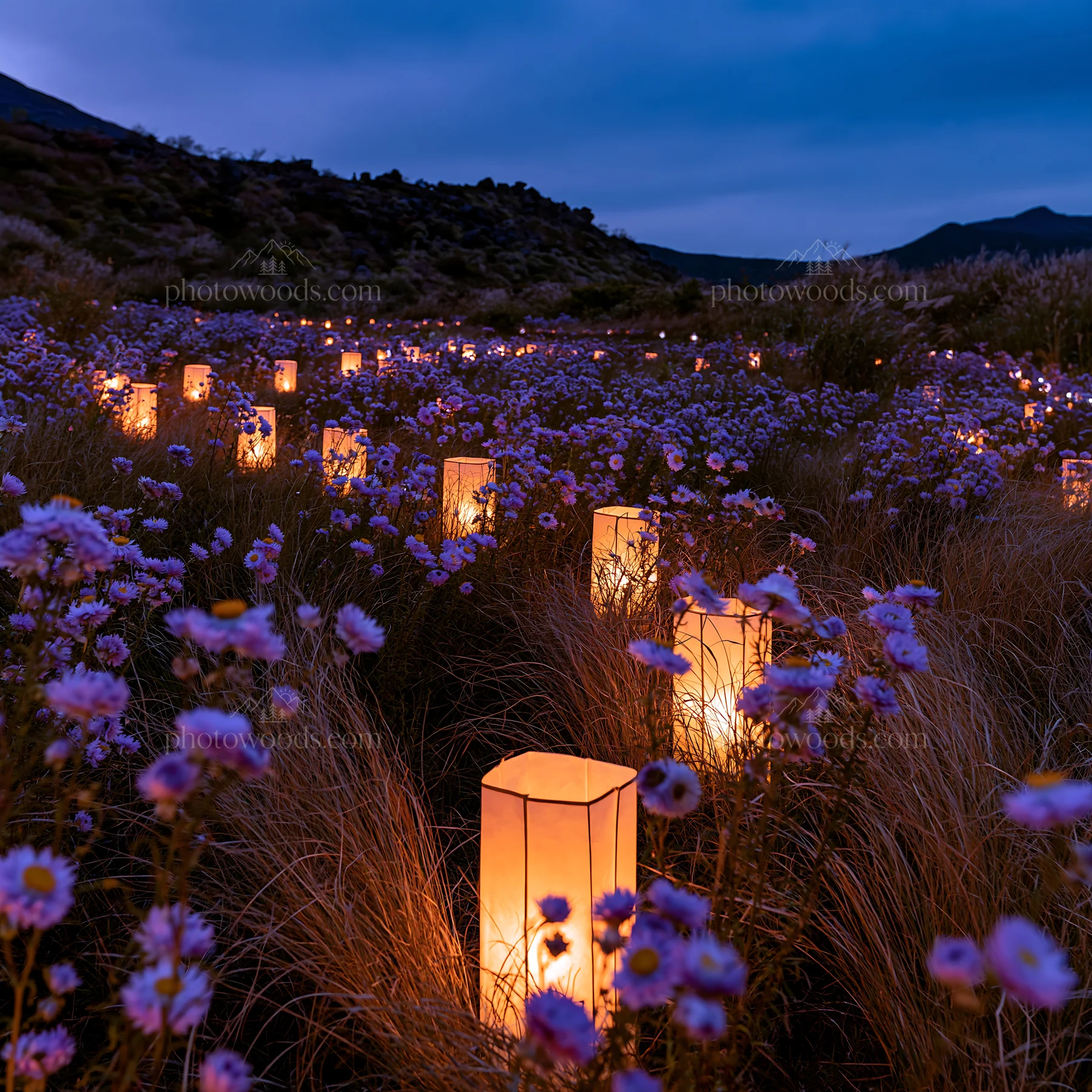 Vibrant Christmas lanterns in a meadow under twilight sky - AI-generated stock image