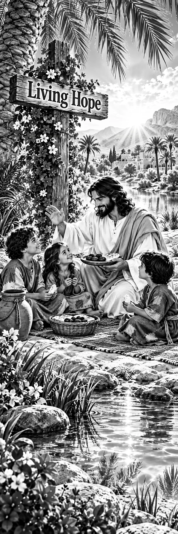 Jesus Christ sharing a meal with children by the river - AI-generated stock image