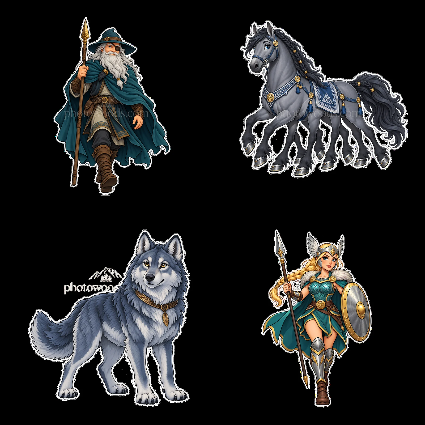 Odin the Norse All-Father with Valkyrie and Loki's horse - AI-generated stock image