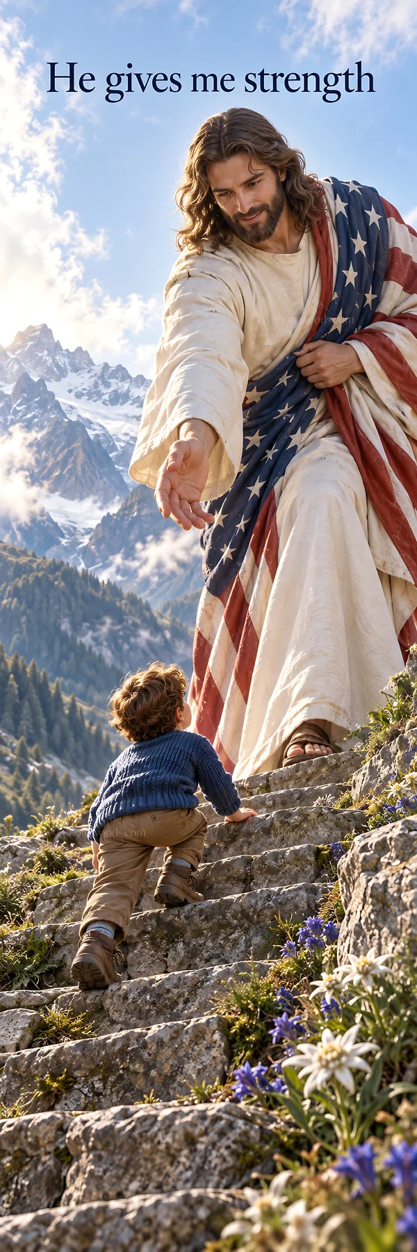 Jesus Christ guides a child up a path in the mountains - AI-generated stock image