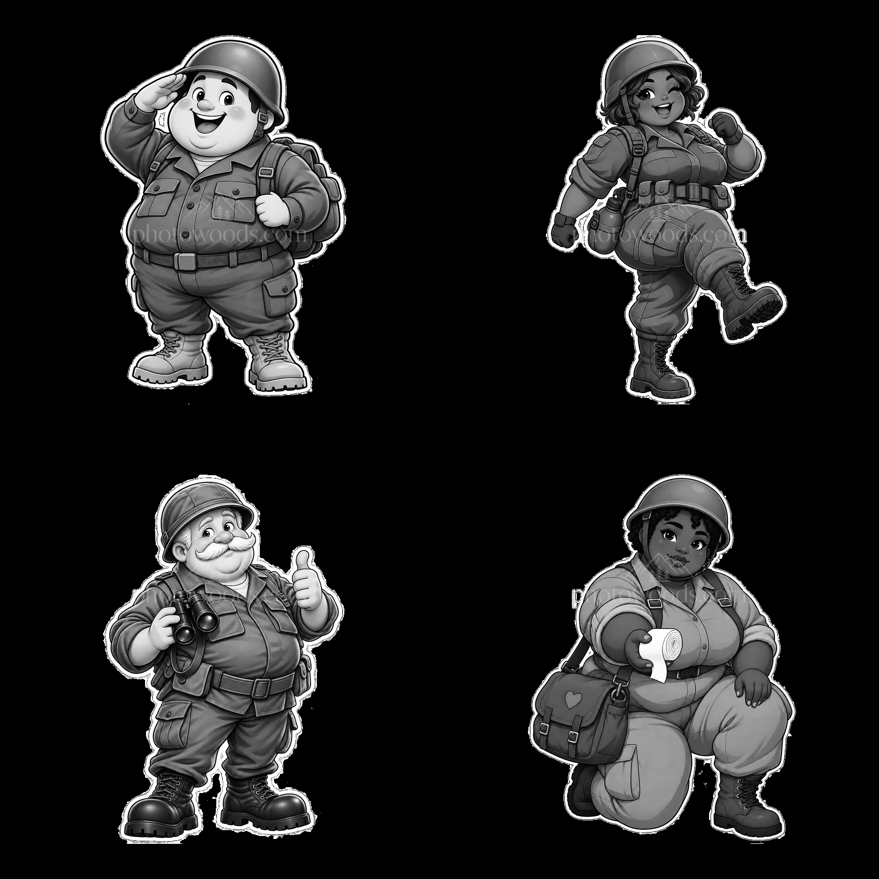 Cute chubby soldiers in black and white cartoon sticker design - AI-generated stock image