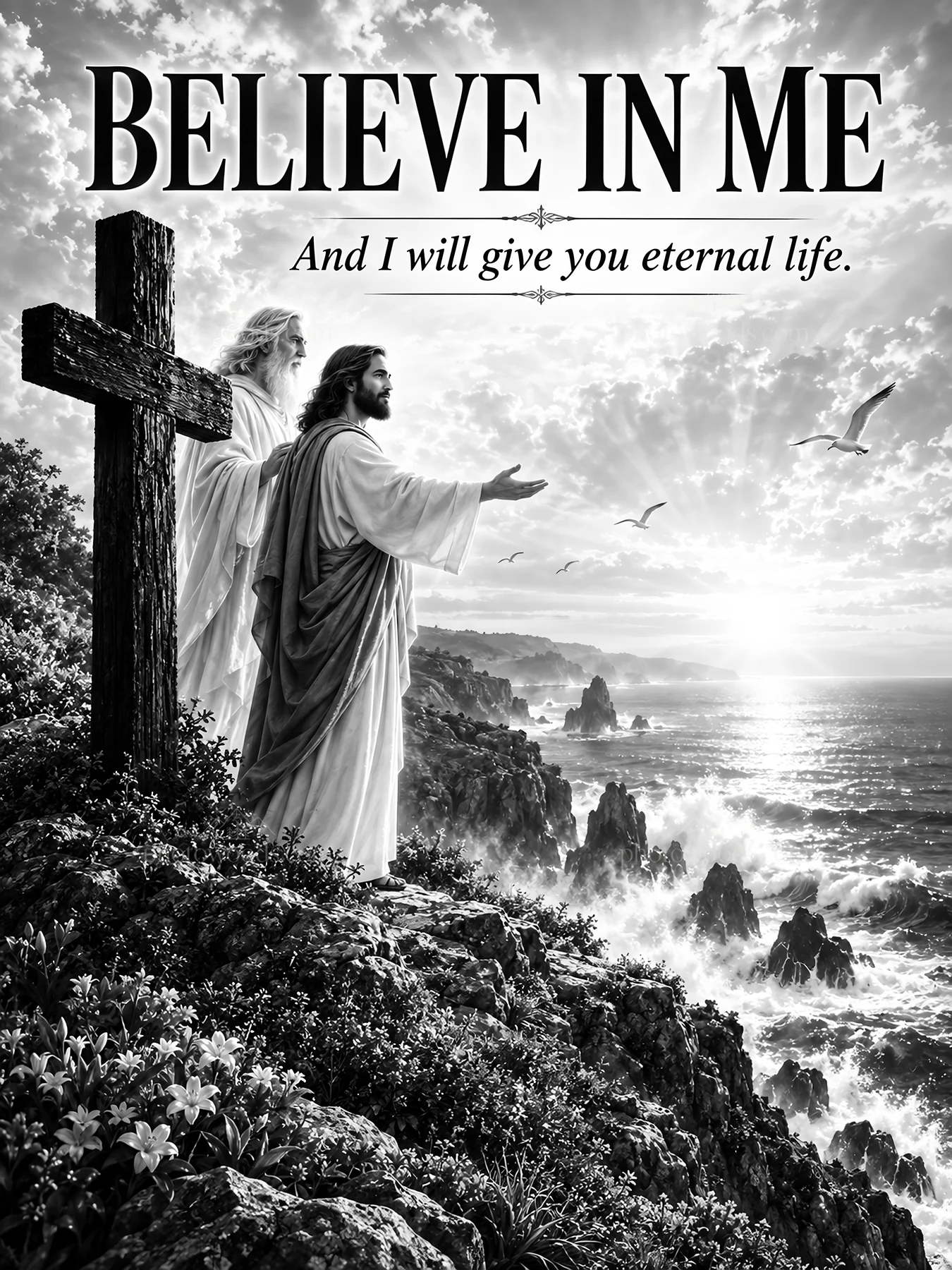 Jesus Christ offering hope by the sea with eternal life message - AI-generated stock image