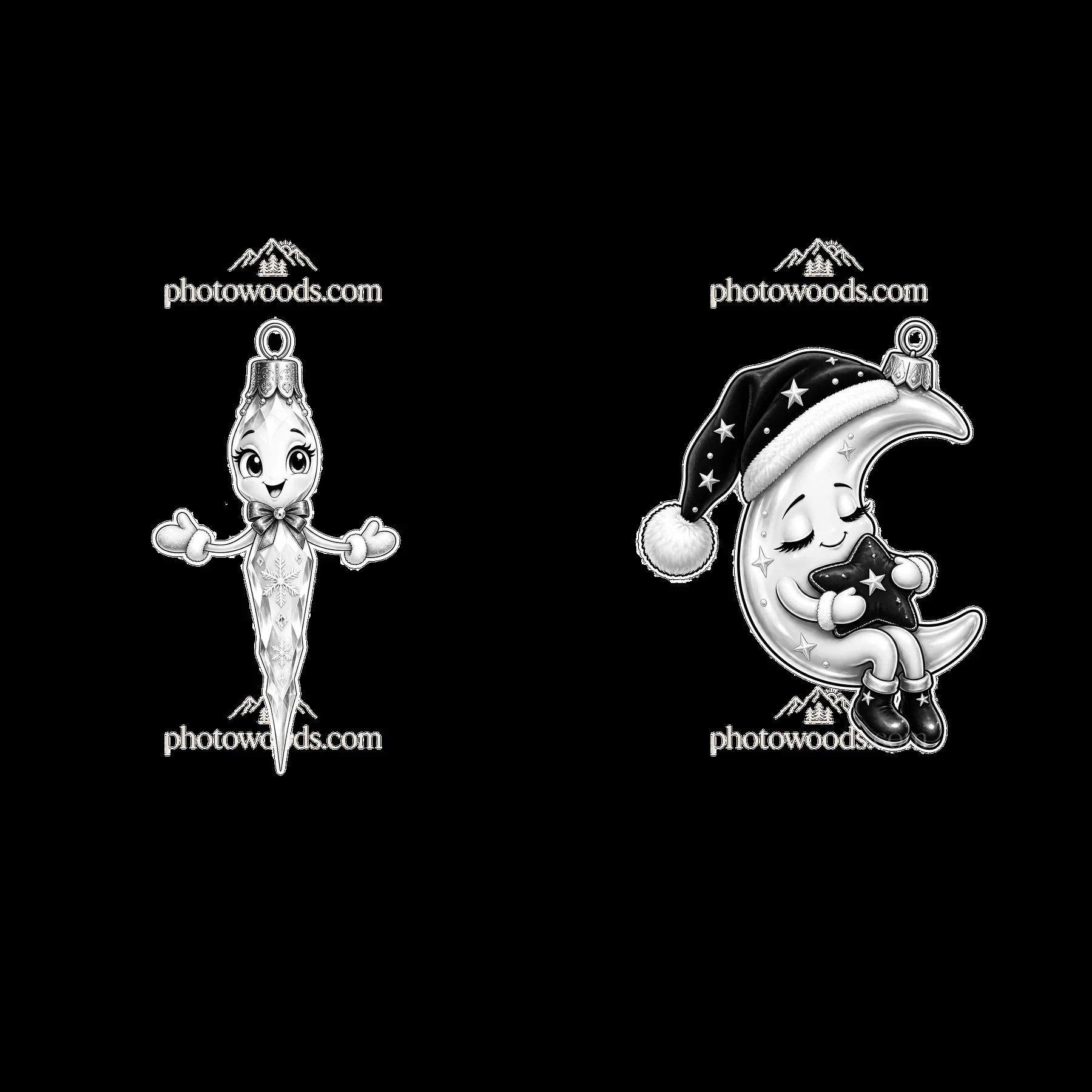 Cartoon Christmas ornaments featuring an angel and a moon - AI-generated stock image
