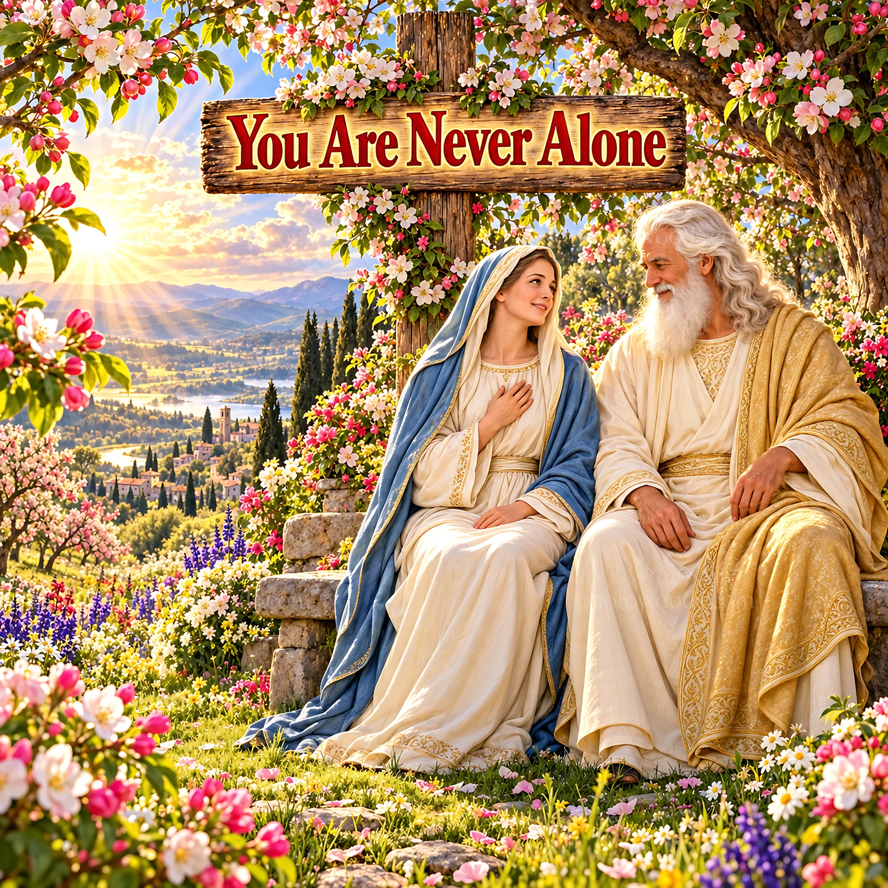 Jesus Christ comforting a woman in a blooming garden - AI-generated stock image