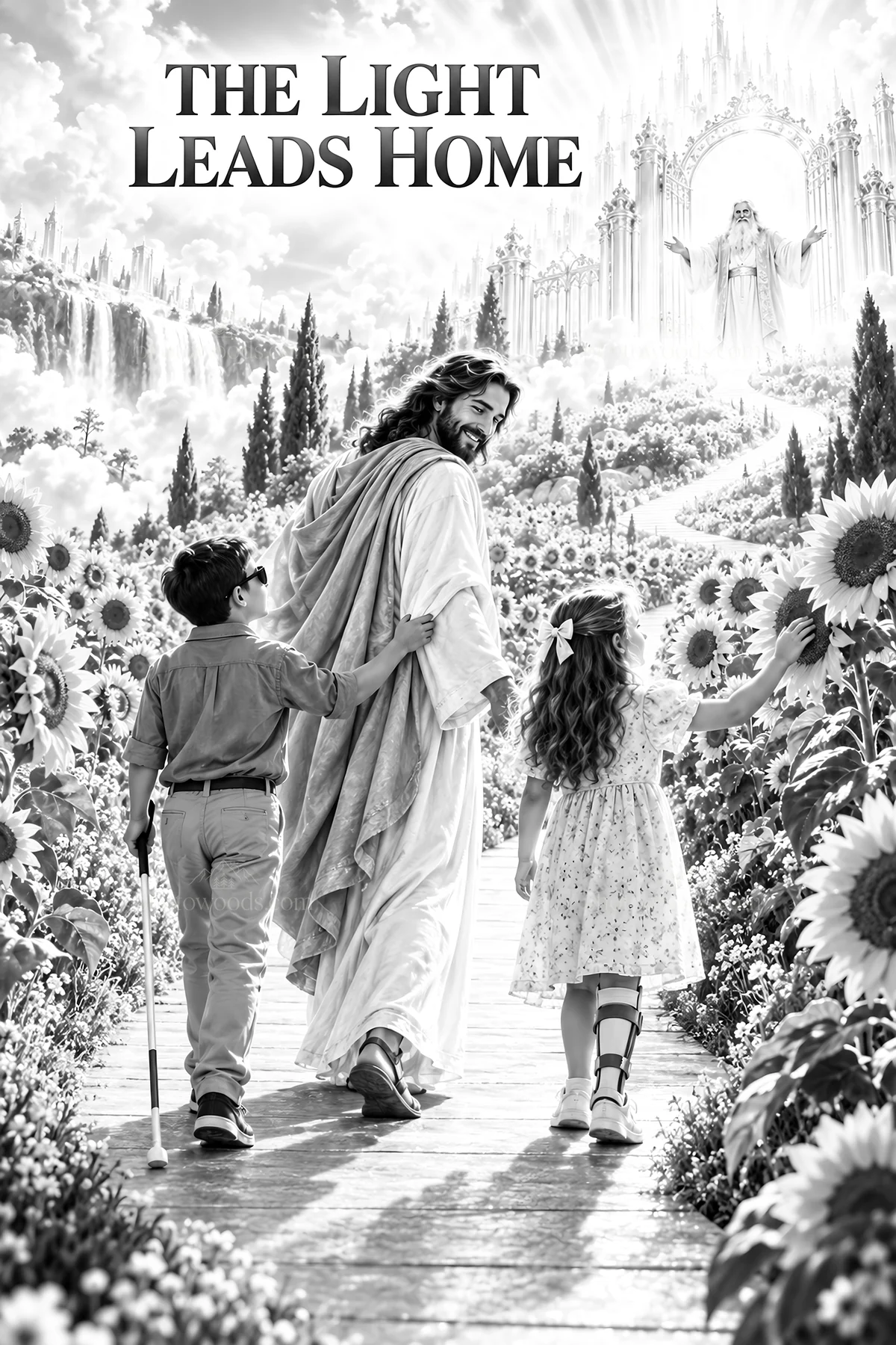 Jesus Christ walking with children in a field of sunflowers - AI-generated stock image