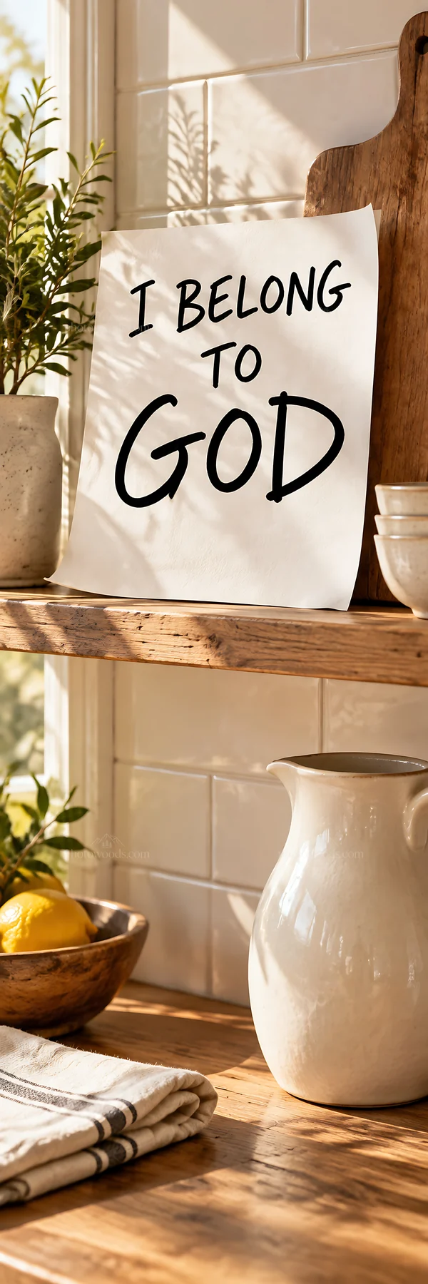 Jesus Christ message of belonging on a kitchen shelf - AI-generated stock image