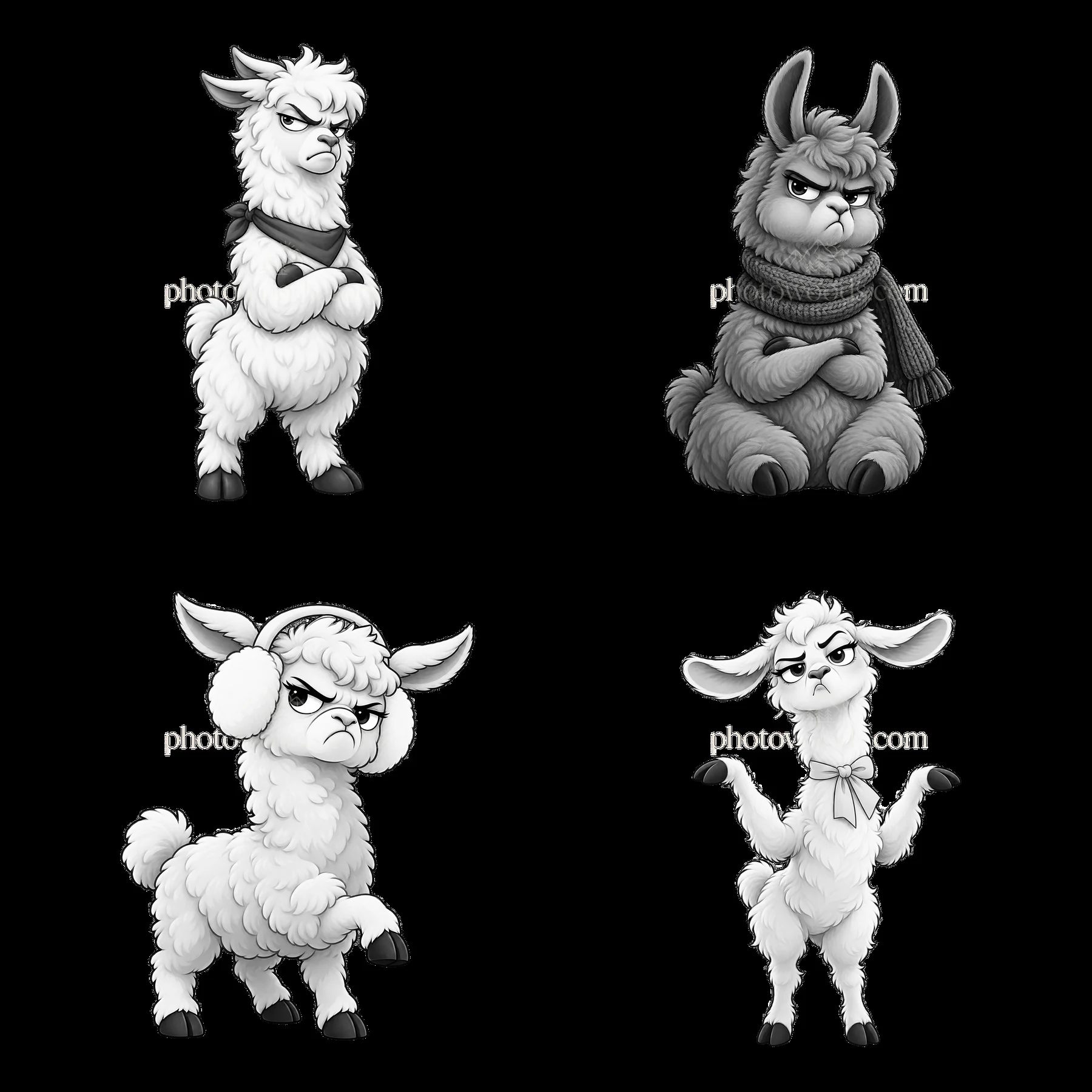 Grumpy llamas in fun poses with distinct features and accessories - AI-generated stock image