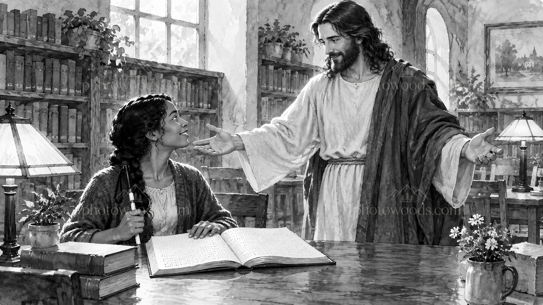 Jesus Christ teaching in a library setting - AI-generated stock image