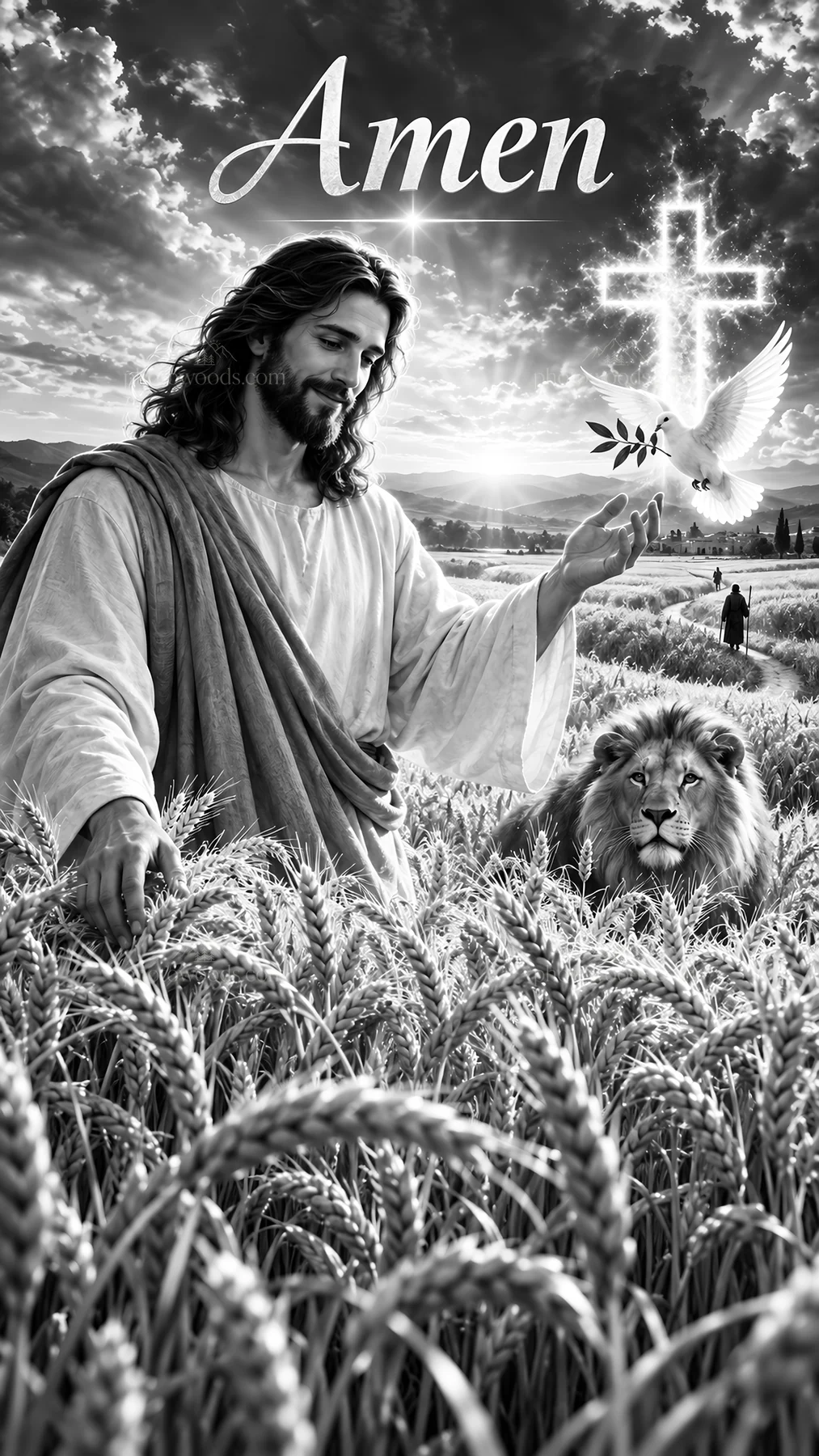 Jesus Christ welcoming the viewer amidst golden fields - AI-generated stock image