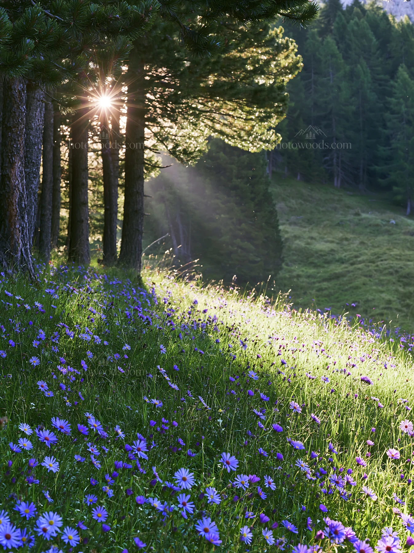 Sunbeams shine through trees in Alpe di Siusi meadow - AI-generated stock image