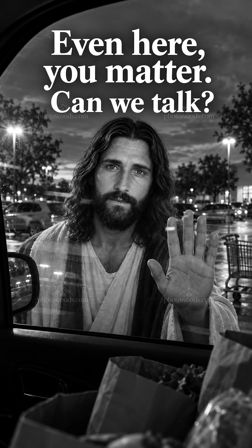 Jesus Christ reaching out to comfort in a contemporary setting - AI-generated stock image