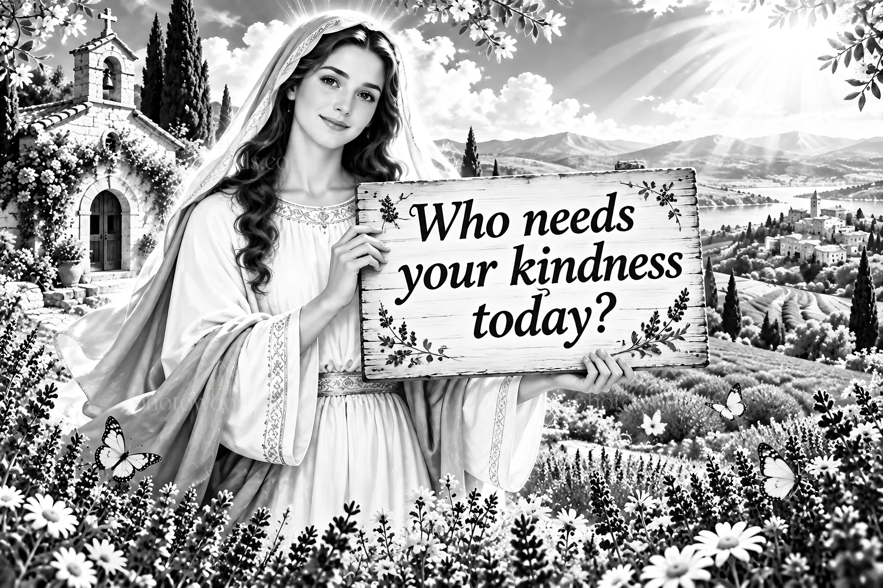 Jesus Christ showing kindness in a peaceful garden setting - AI-generated stock image