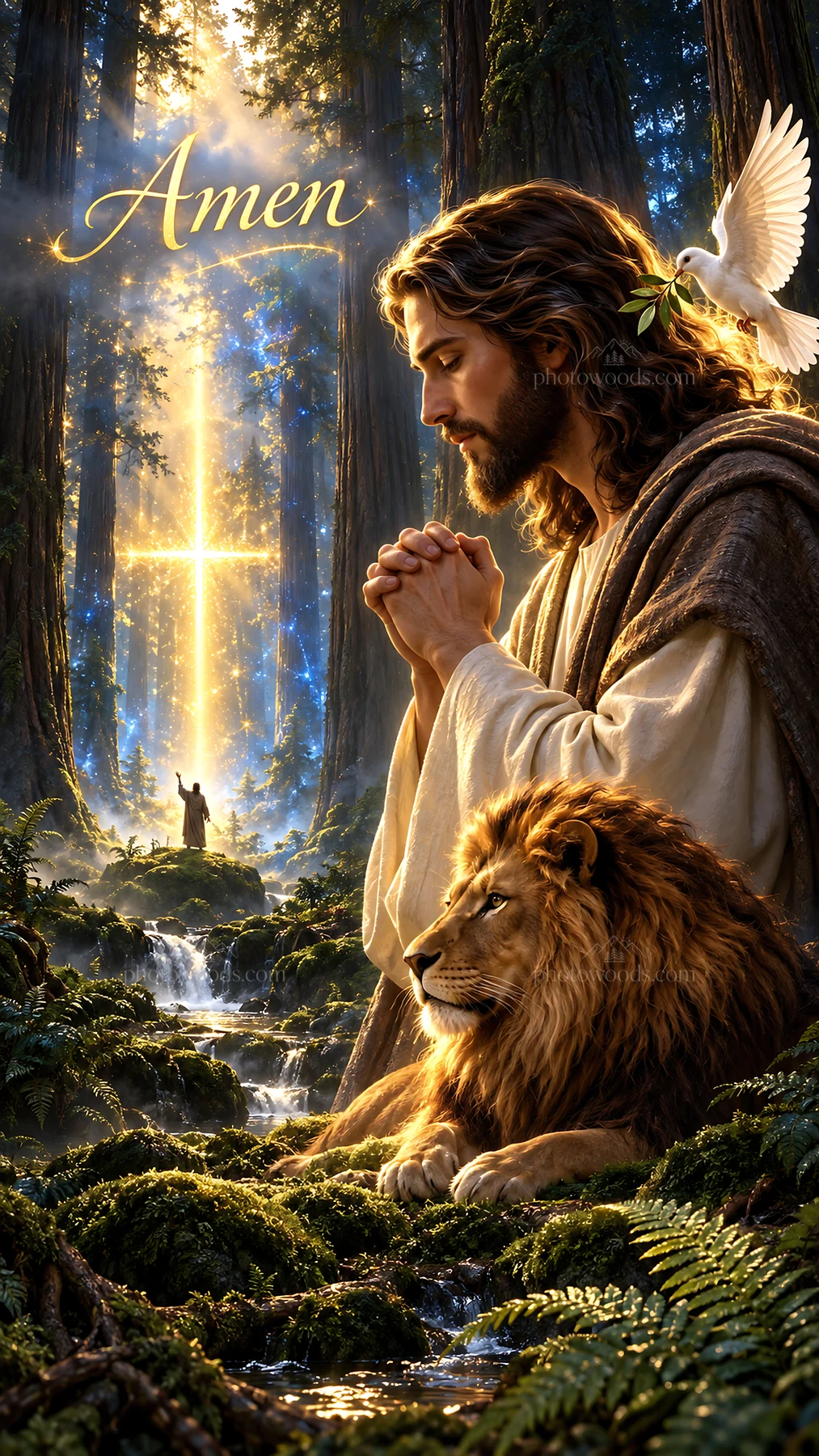 Jesus Christ praying in a forest with a lion and dove - AI-generated stock image