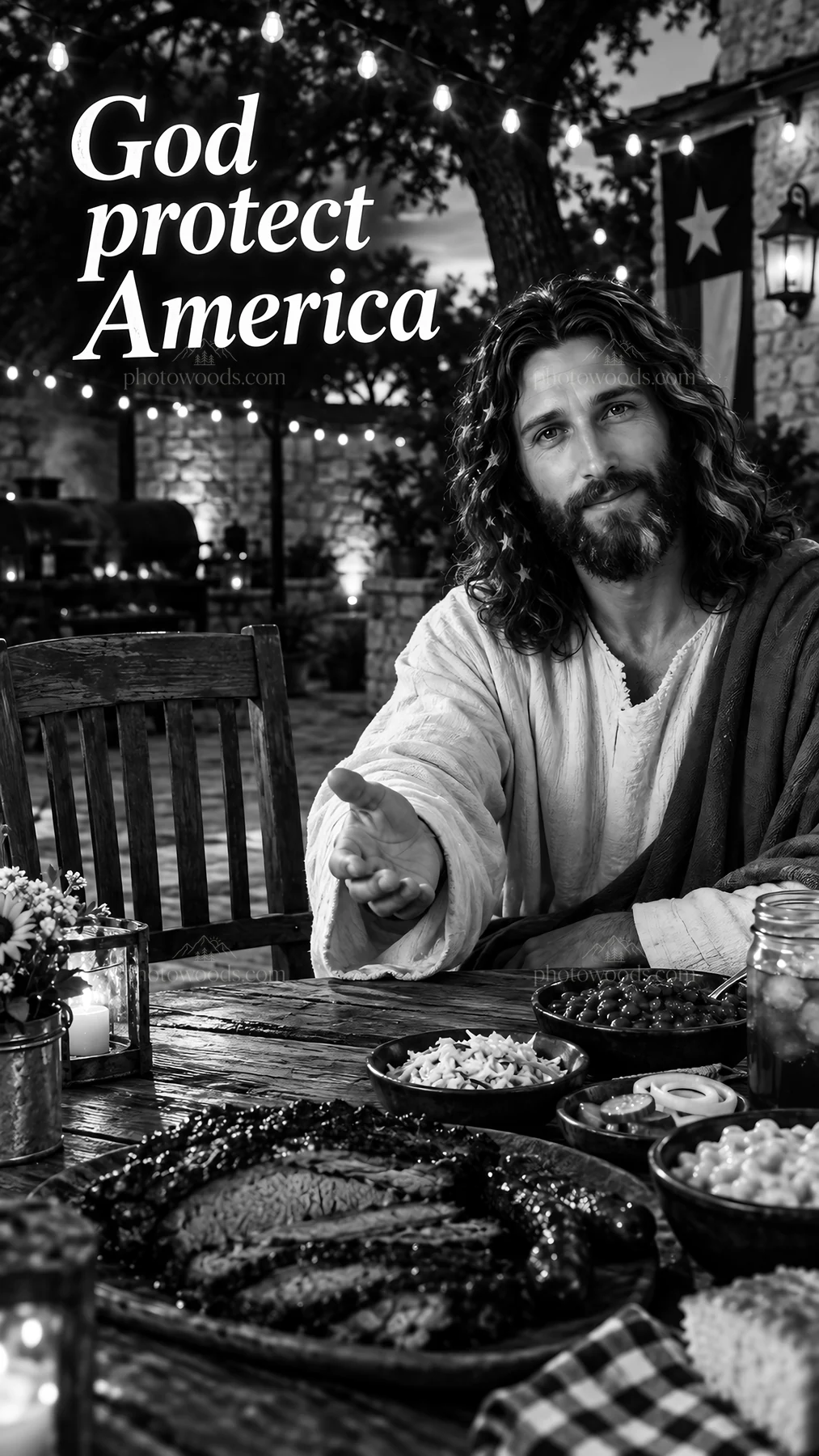 Jesus Christ sharing a meal with friends in a garden setting - AI-generated stock image