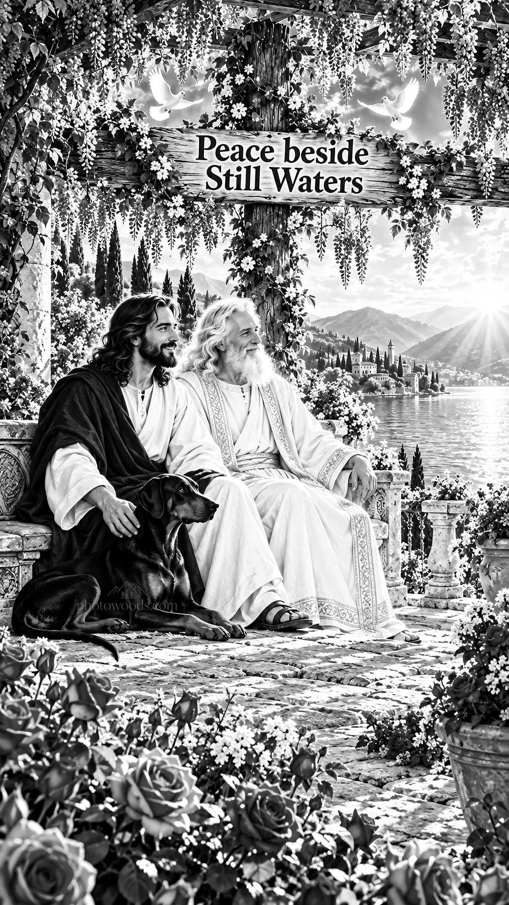Jesus Christ sharing a moment of peace by still waters - AI-generated stock image
