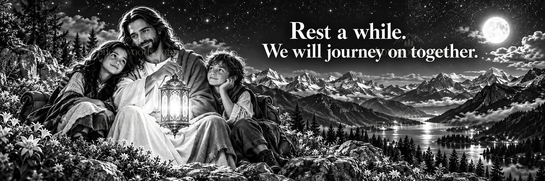Jesus Christ comforts children amidst nature at night - AI-generated stock image