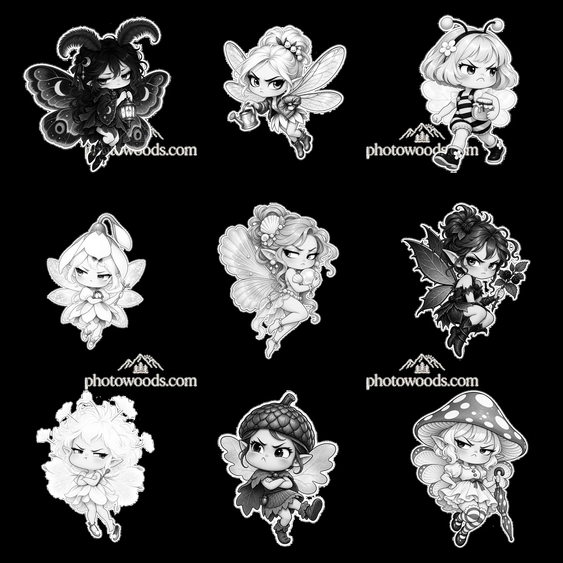 Kawaii grumpy fairies in a 3x3 grid illustration - AI-generated stock image