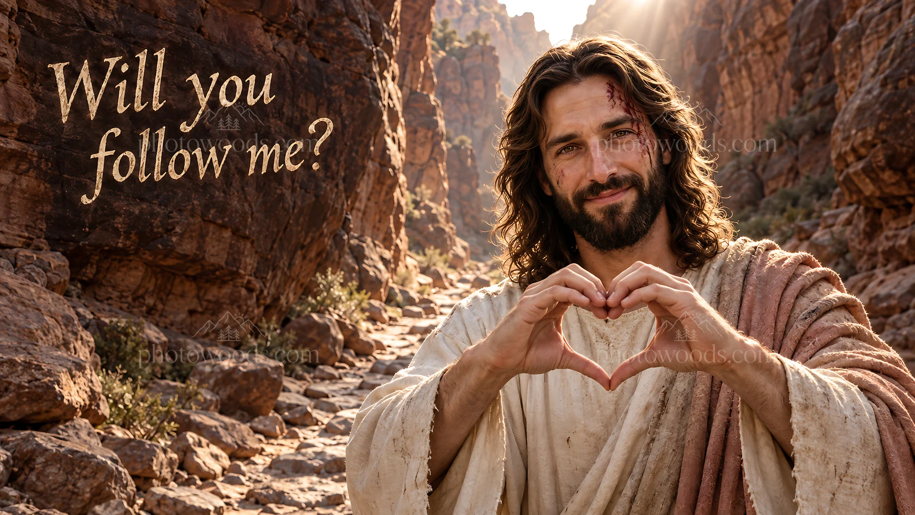 Jesus Christ inviting with a heart gesture in the wilderness - AI-generated stock image